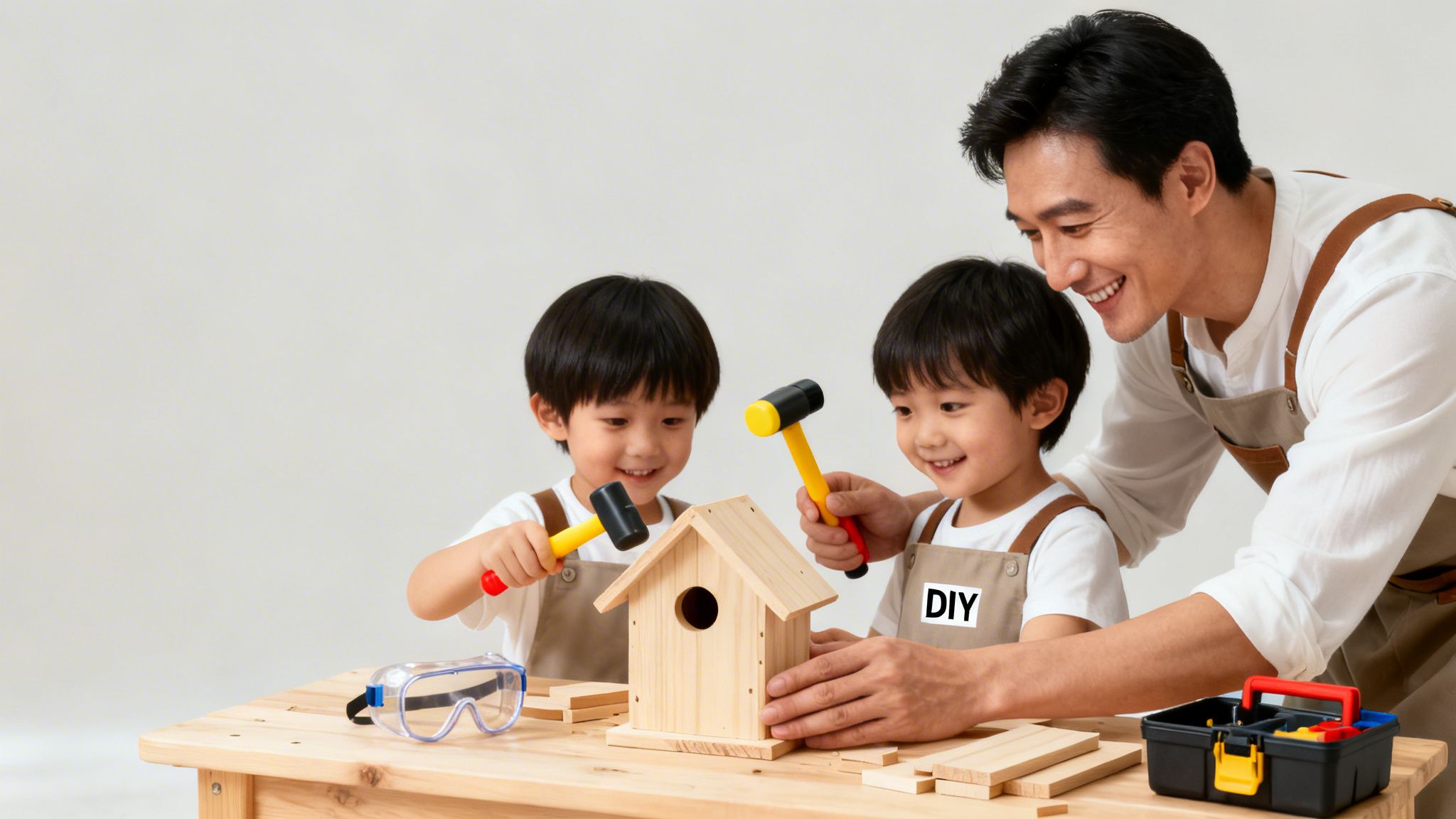 Father and two young boys happily building a wooden birdhouse with toy hammers.