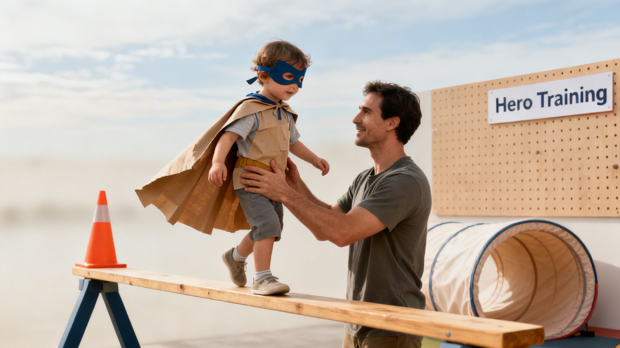 Father helps his young son, dressed as a superhero, walk across a balance beam.