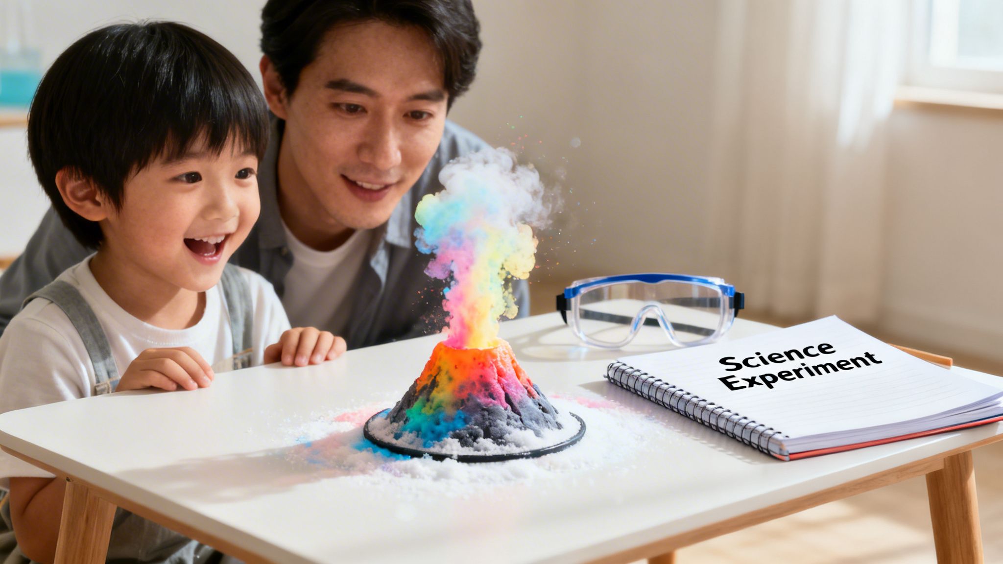 An excited young boy and his father watch a colorful science volcano experiment erupting, with goggles and a notebook nearby.