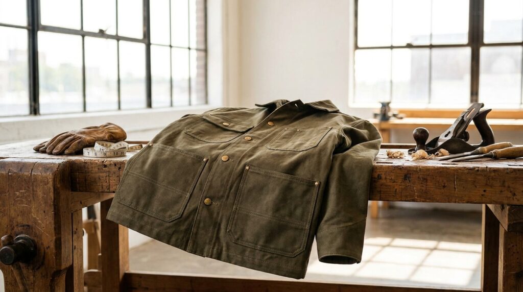 Canvas Work Jacket drapped over a work bench