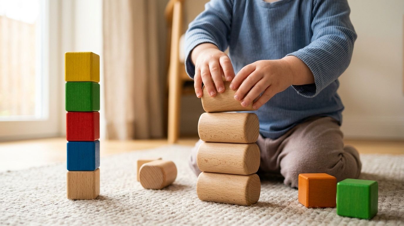 A toddler's hands stack natural wooden blocks next to a tower of colorful blocks on a rug.