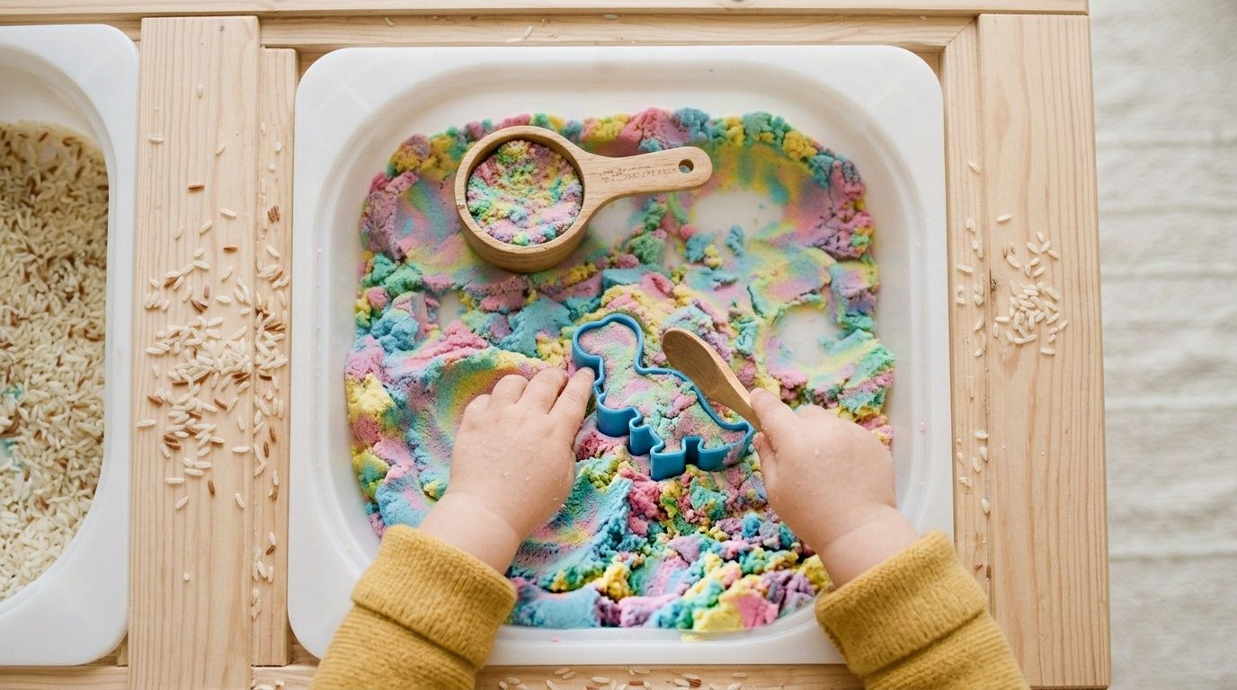 Tiny hands play with vibrant rainbow kinetic sand, using a dinosaur cookie cutter and wooden tools.