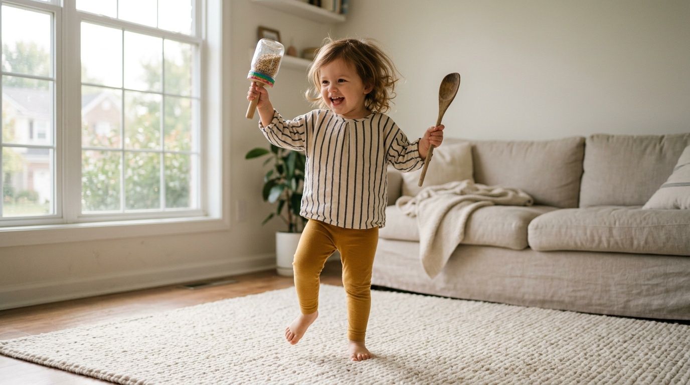 A joyful toddler dances barefoot on a rug, holding a homemade maraca and a wooden spoon, laughing.