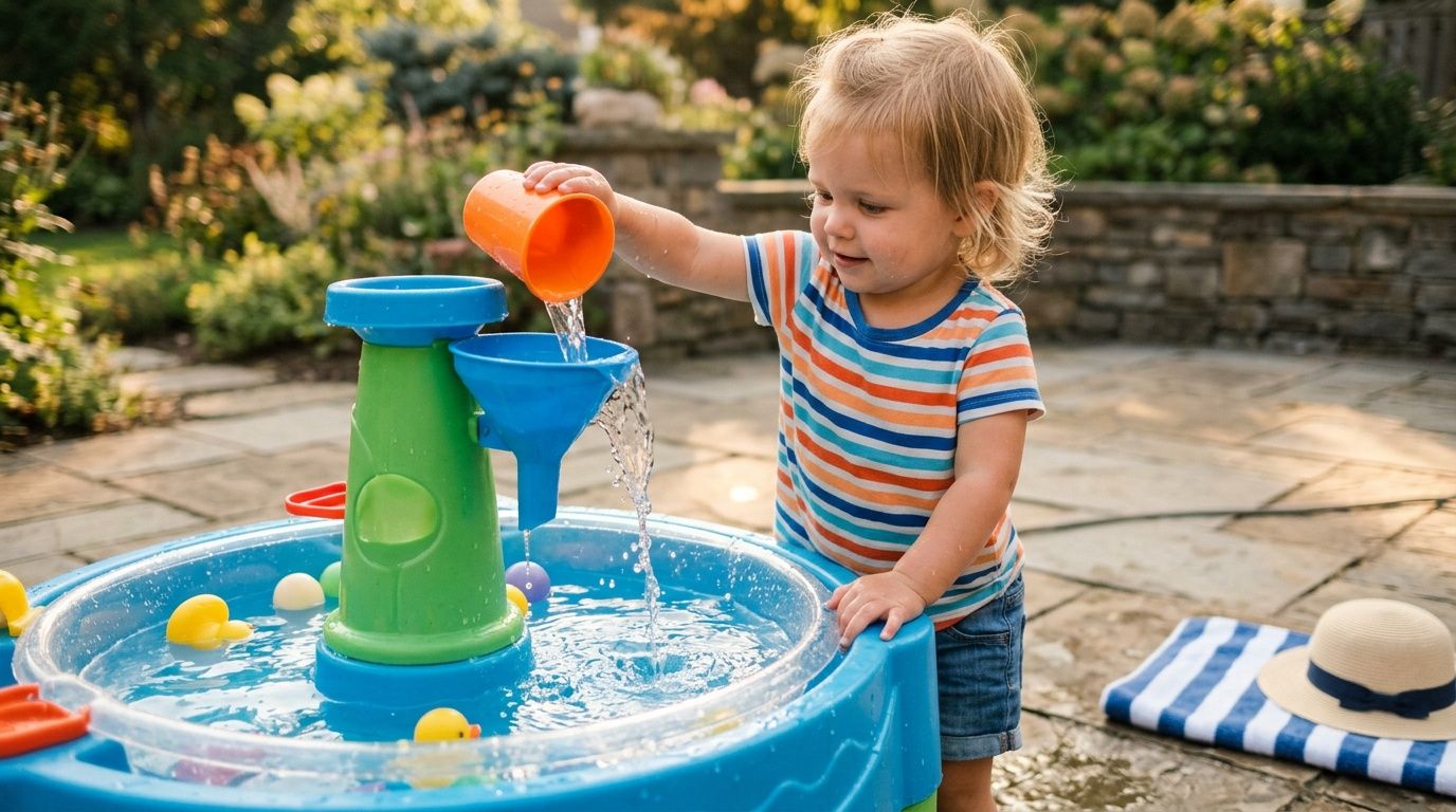 A happy toddler playing with a colorful water table outdoors, pouring water from a cup.