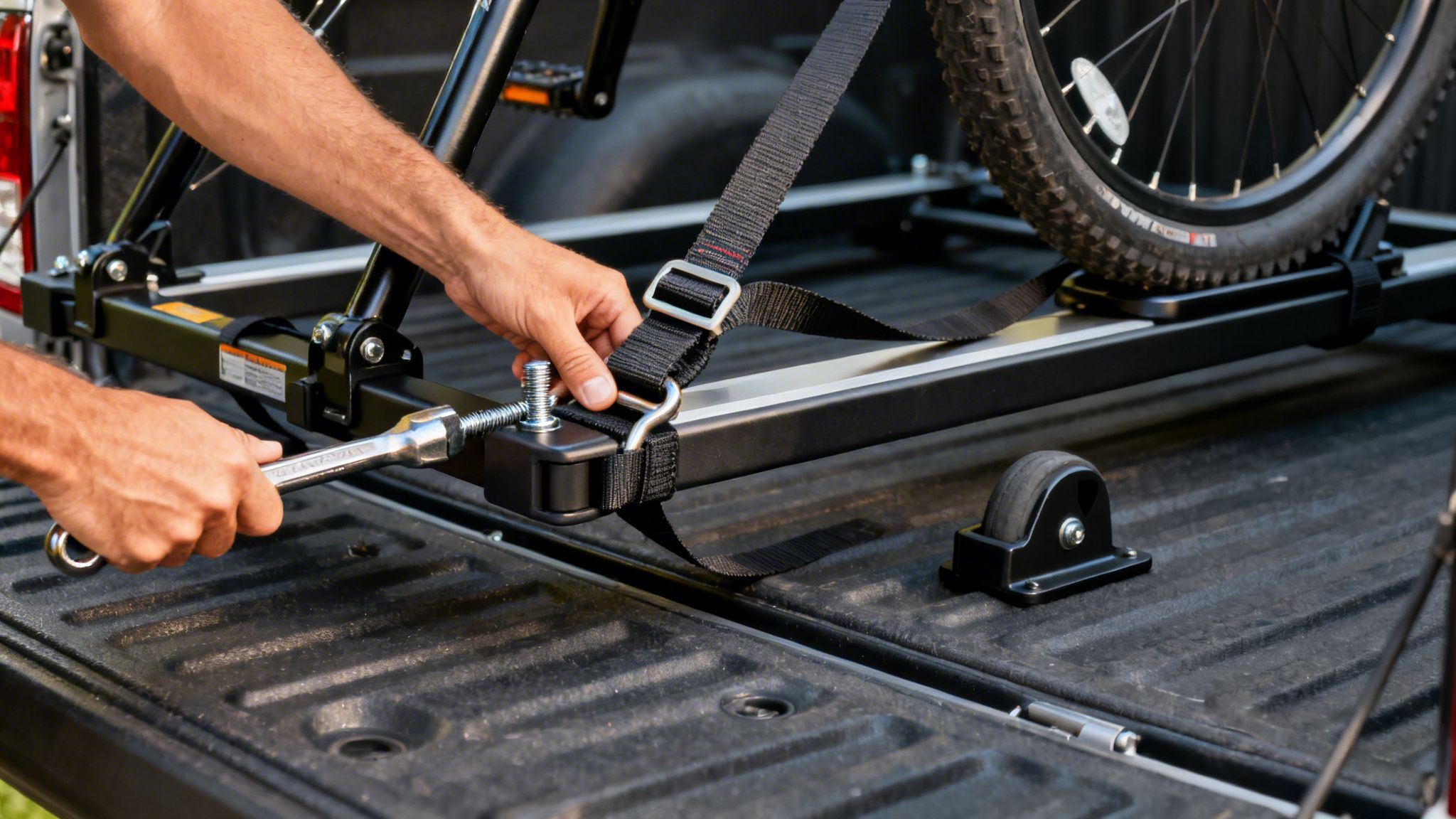 Close-up of hands installing a black bike rack in a truck bed, securing it with a wrench.