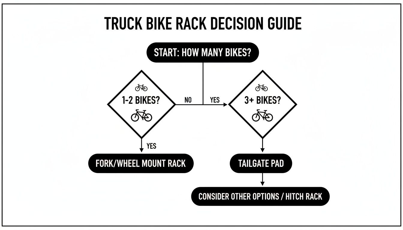 Decision guide flowchart for truck bike racks, asking how many bikes (1-2 or 3+) to recommend a rack type.