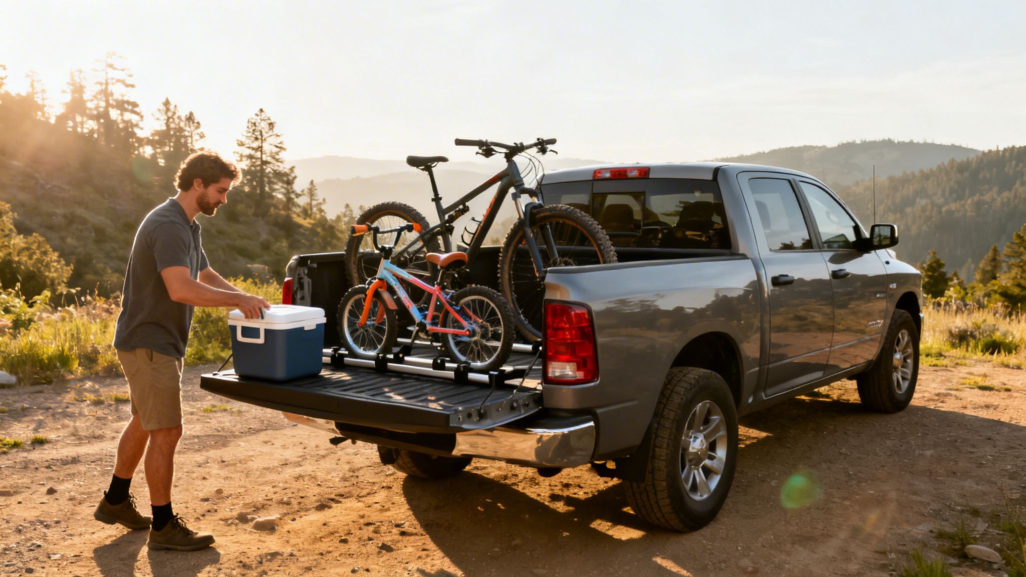 A man loads a cooler into a pickup truck bed with bikes on a rack in a scenic outdoor setting.