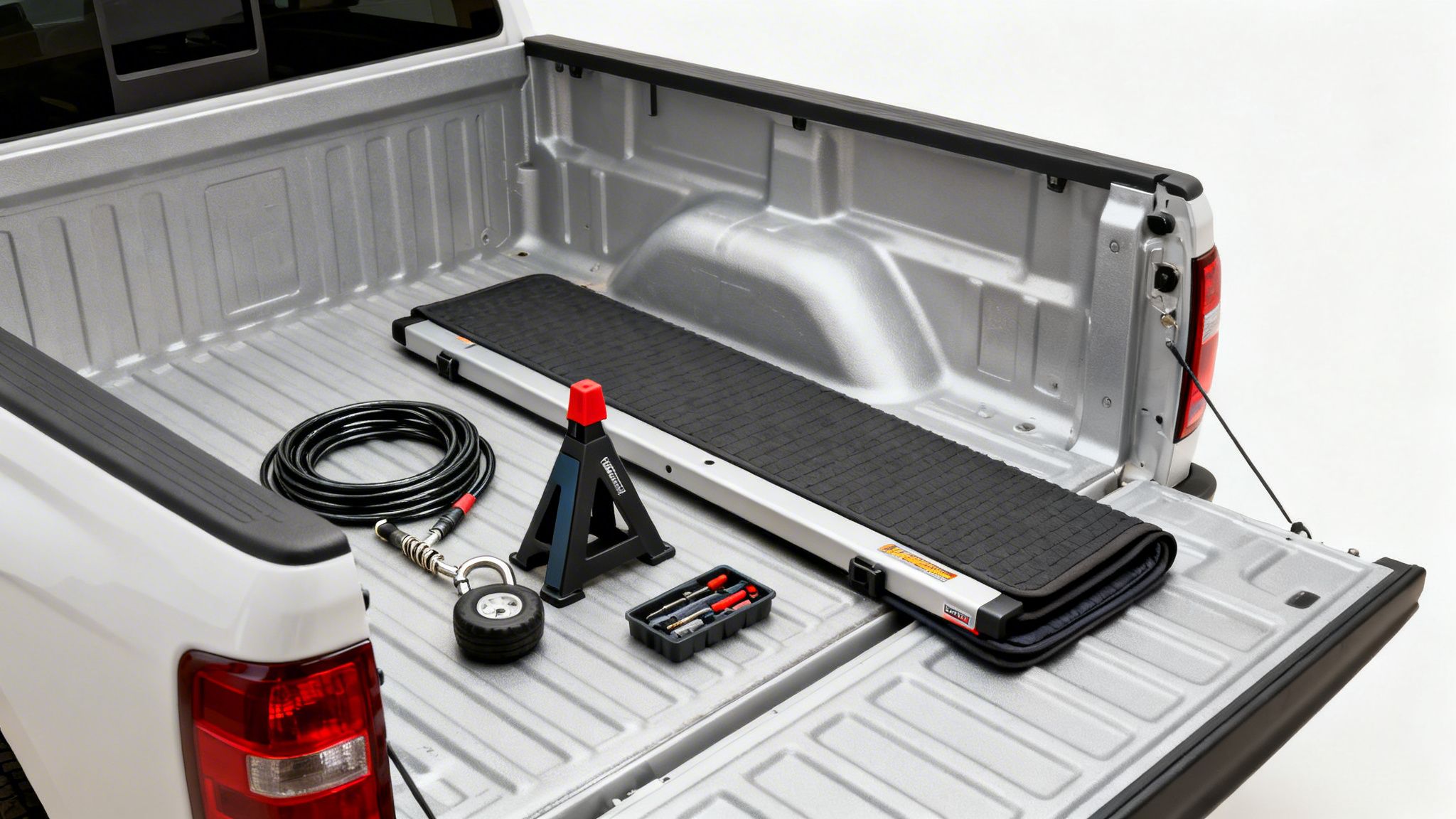 Pickup truck bed with a long black mat, coiled air hose, jack stand, and various tools.