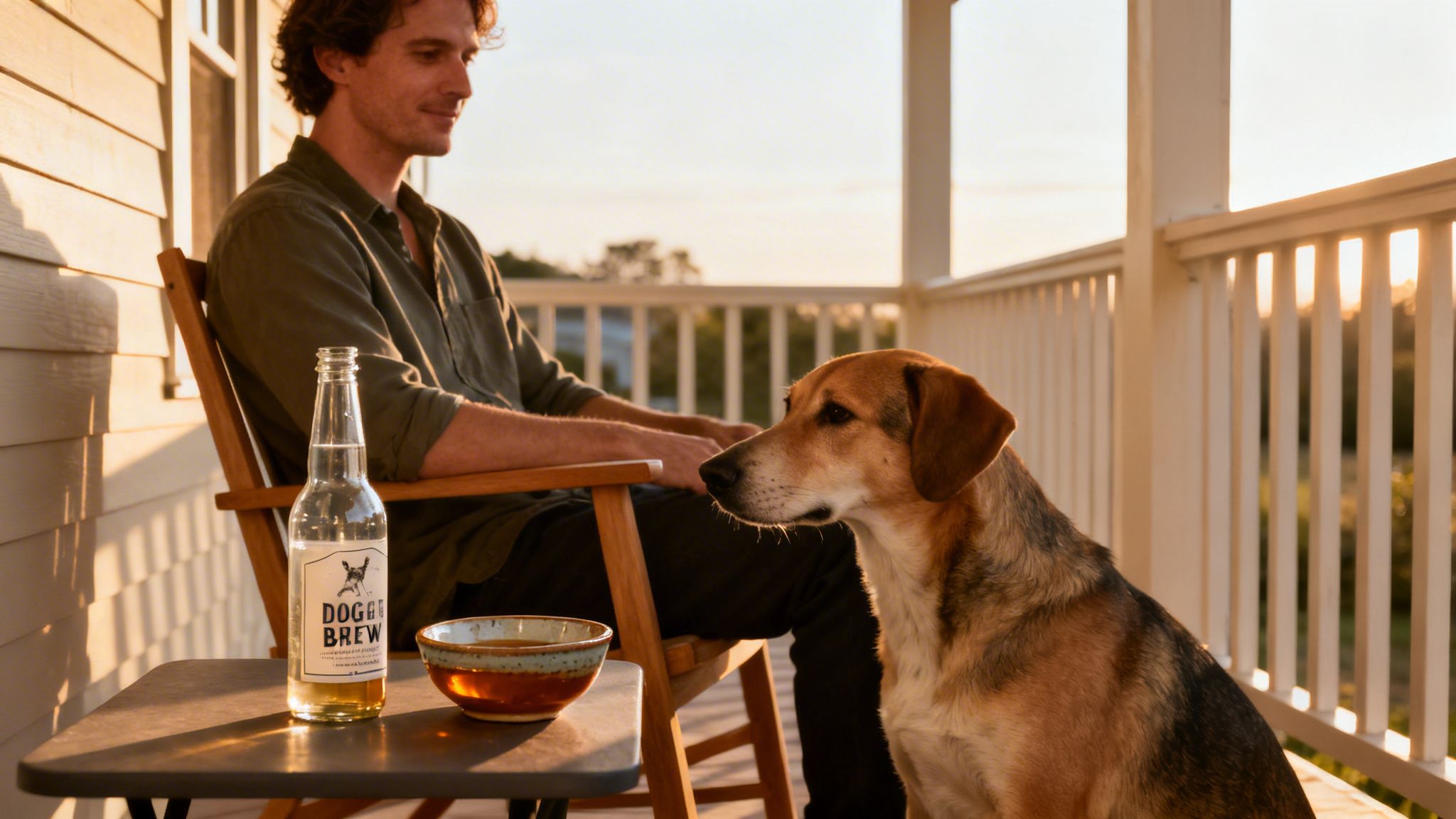 A man and his dog relax on a sunlit porch with a bottle of Doggi Brew and a bowl.