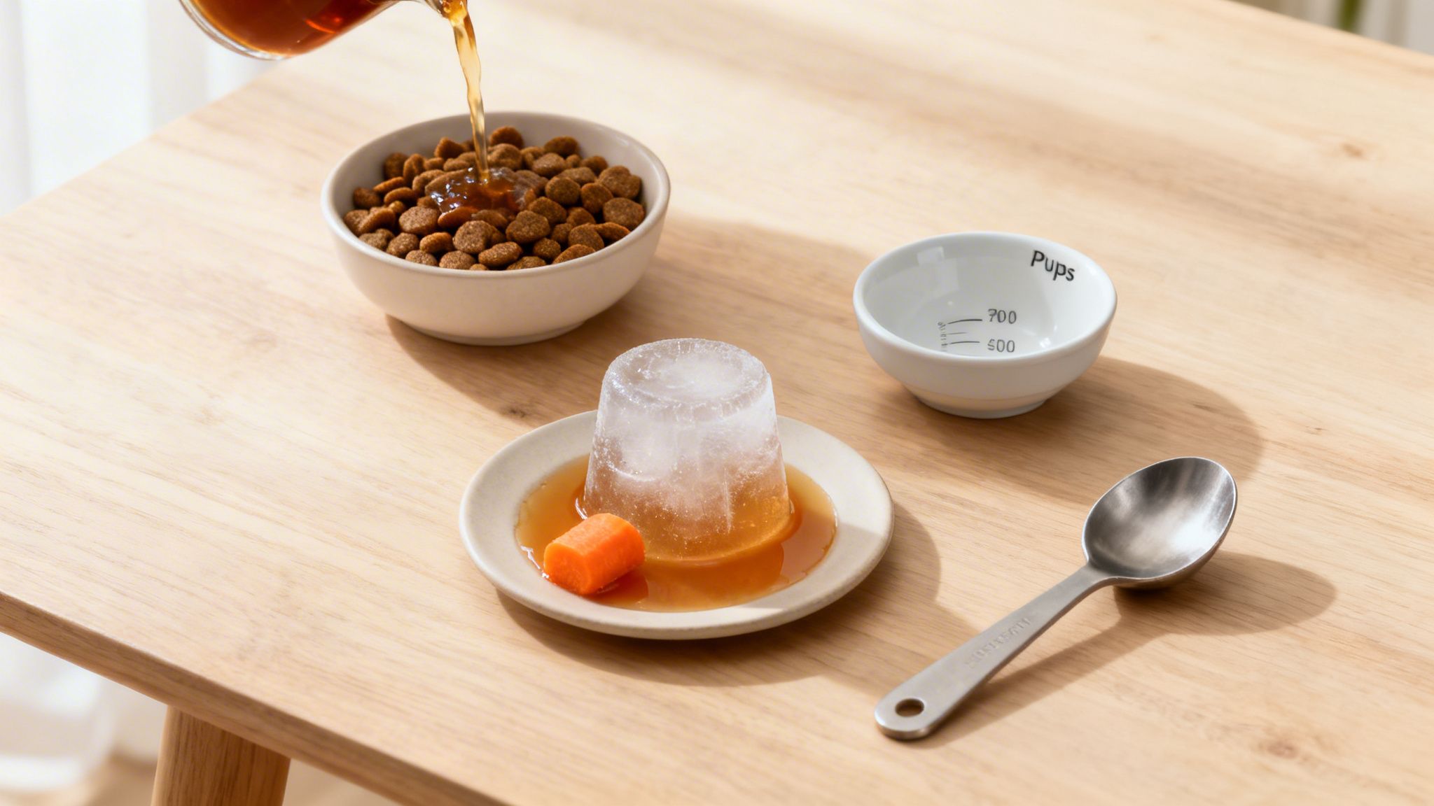 A close-up of pet food preparation with kibble, liquid, ice, carrot, and measuring bowl on a wooden table.
