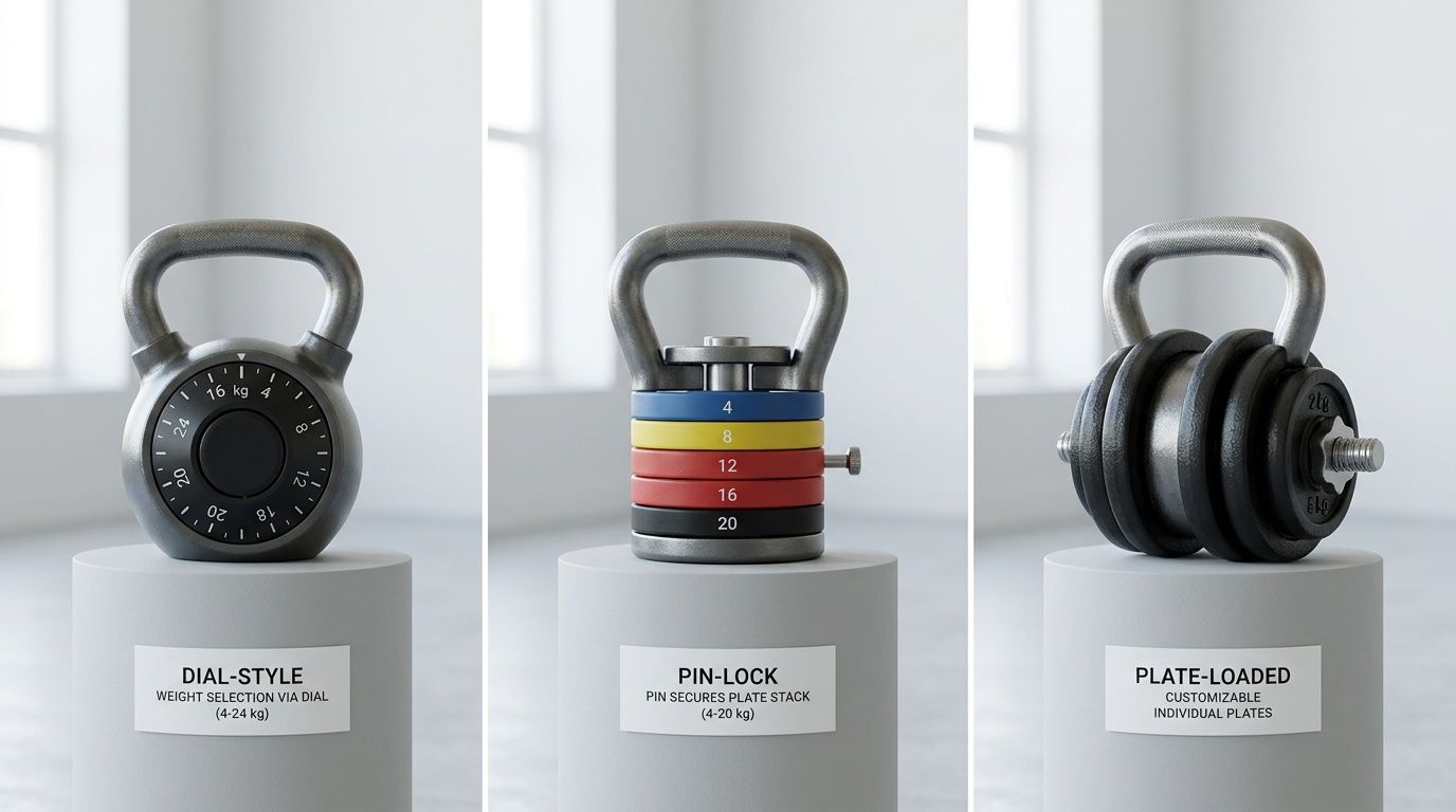 A lineup of three innovative adjustable kettlebells, illustrating dial, pin-lock, and plate-loaded designs.