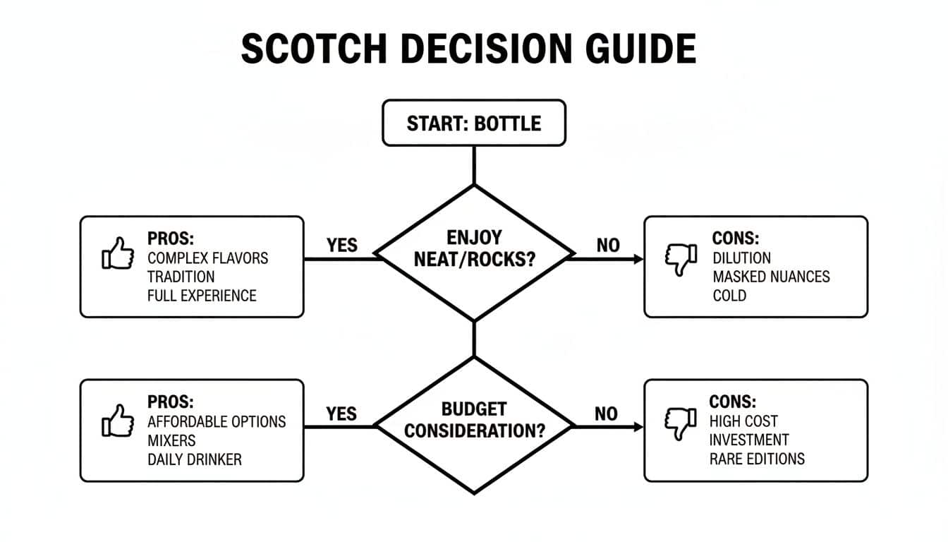 A Scotch whisky decision guide flowchart outlining pros and cons for drinking neat/rocks and budget.