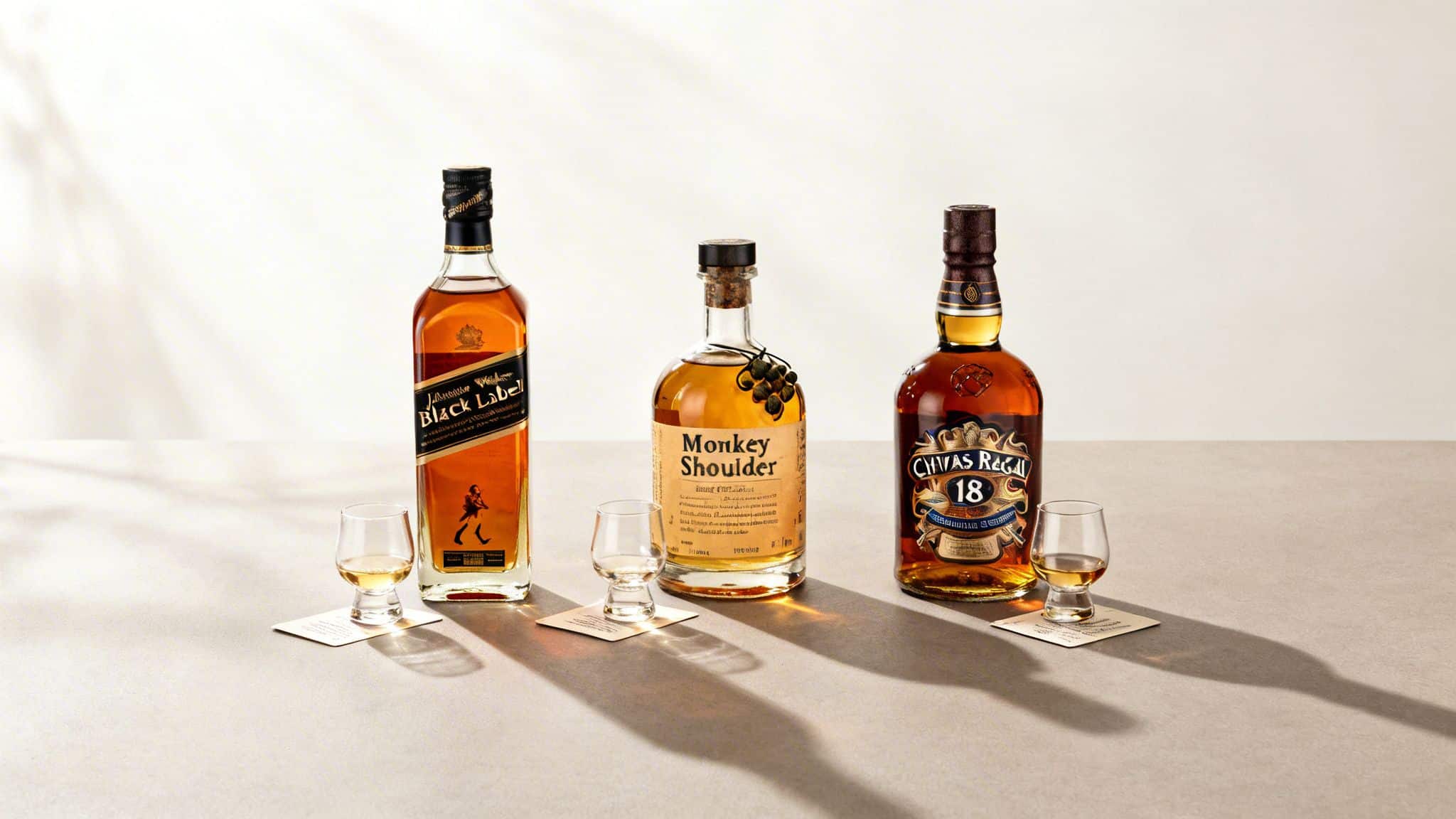 Three bottles of whisky (Johnnie Walker, Monkey Shoulder, Chivas Regal 18) and tasting glasses on a table.
