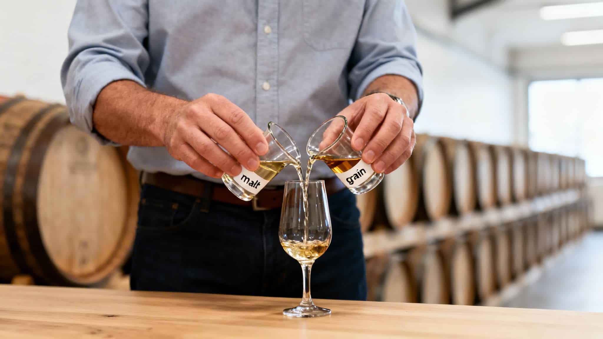 A person blending malt and grain whisky into a glass in a barrel-filled distillery.
