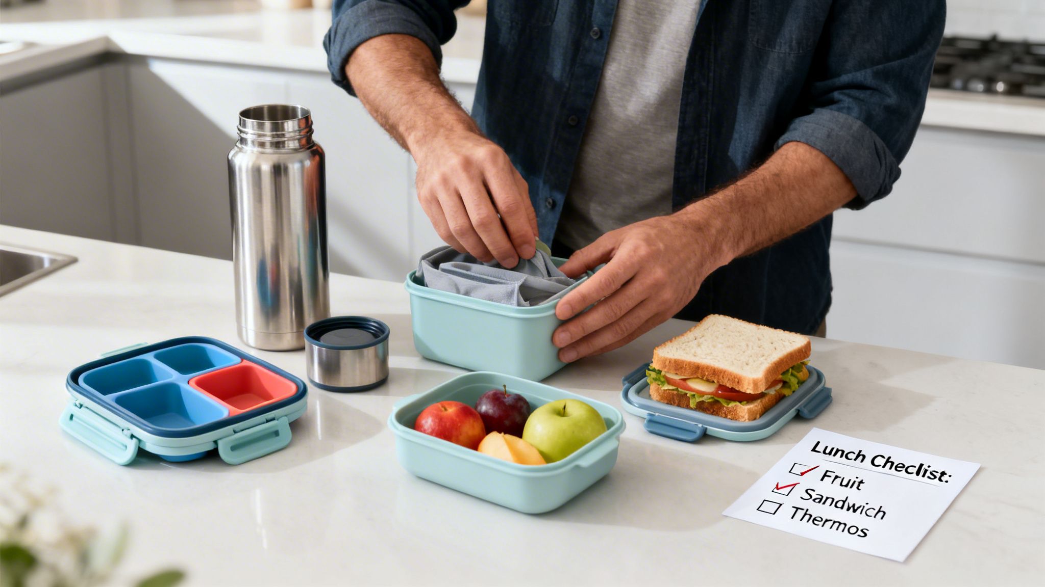 Man packing a healthy lunch with fruit and a sandwich into bento boxes and a thermos.