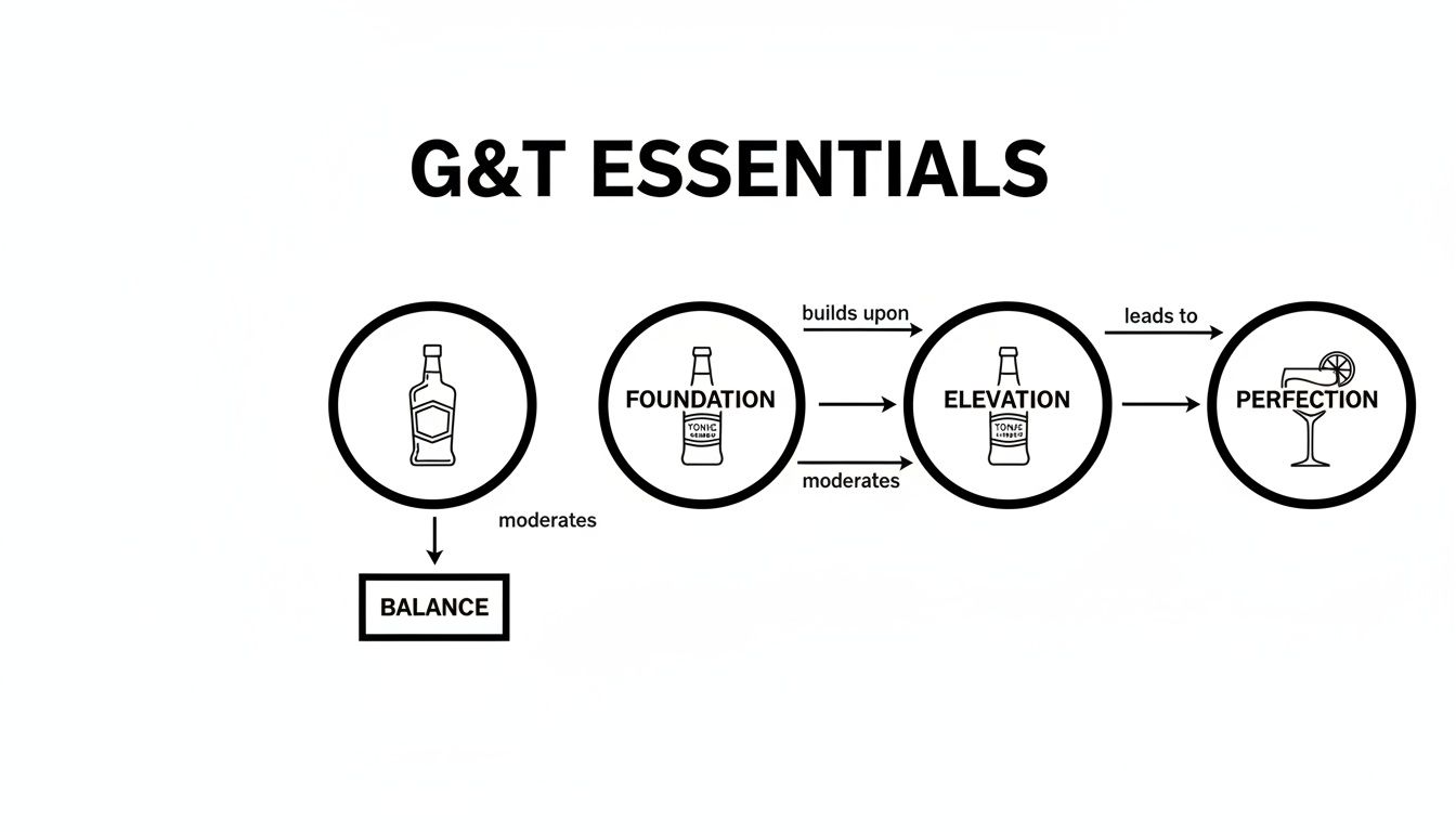 A flowchart illustrating the essentials of a Gin & Tonic, from foundation to perfection.