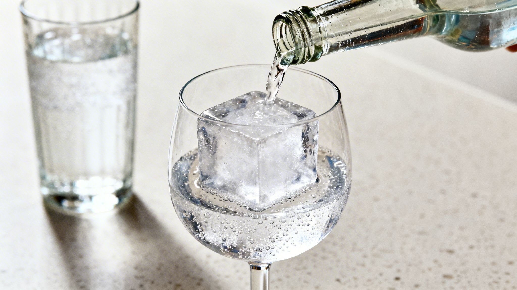 A clear bottle pours a drink into a glass with a large ice cube and sparkling water, with another glass in the background.