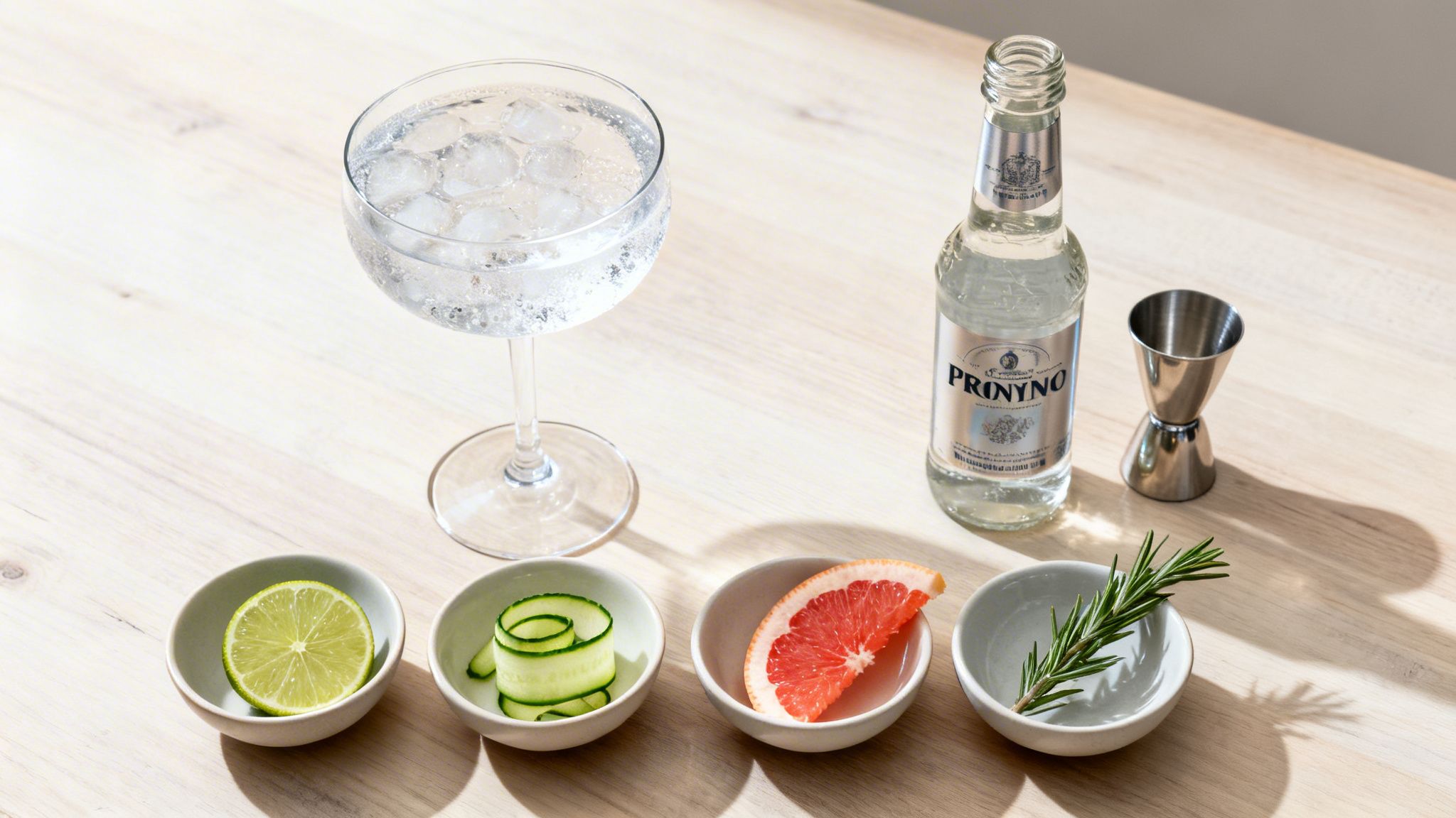 A refreshing gin and tonic cocktail with ice, tonic water, and various garnishes like lime, cucumber, grapefruit, and rosemary on a wooden table.