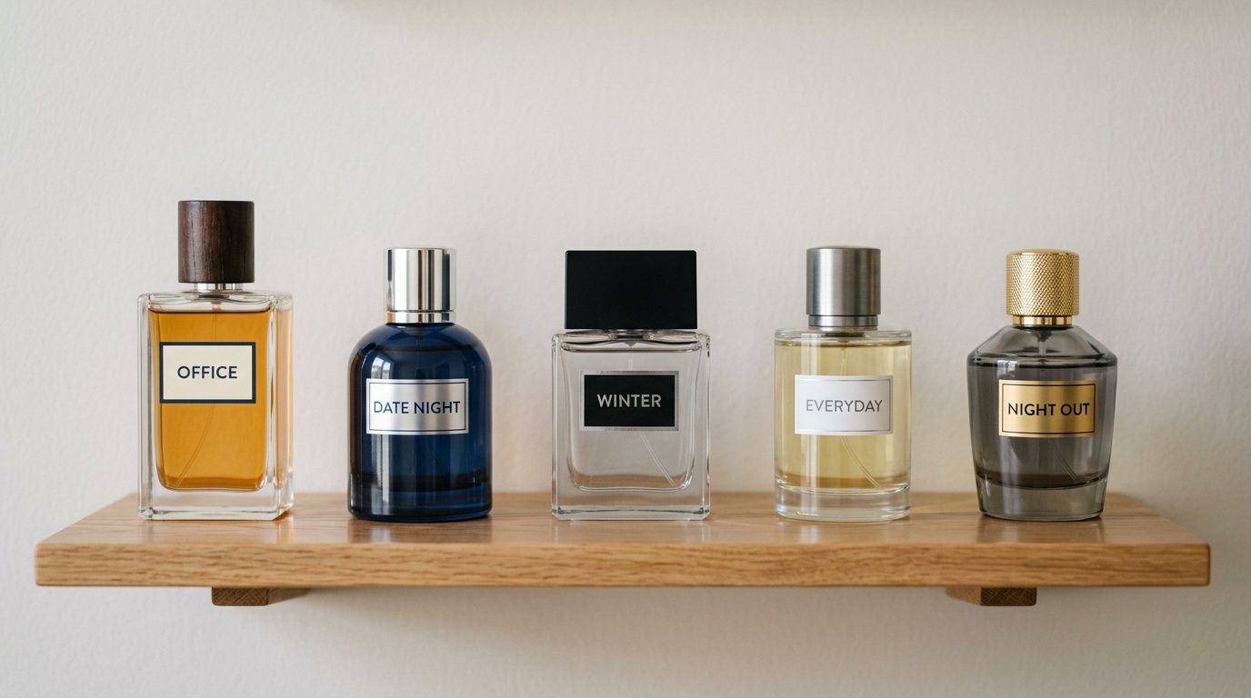 Five men's cologne bottles labeled Office, Date Night, Winter, Everyday, and Night Out on a wooden shelf.