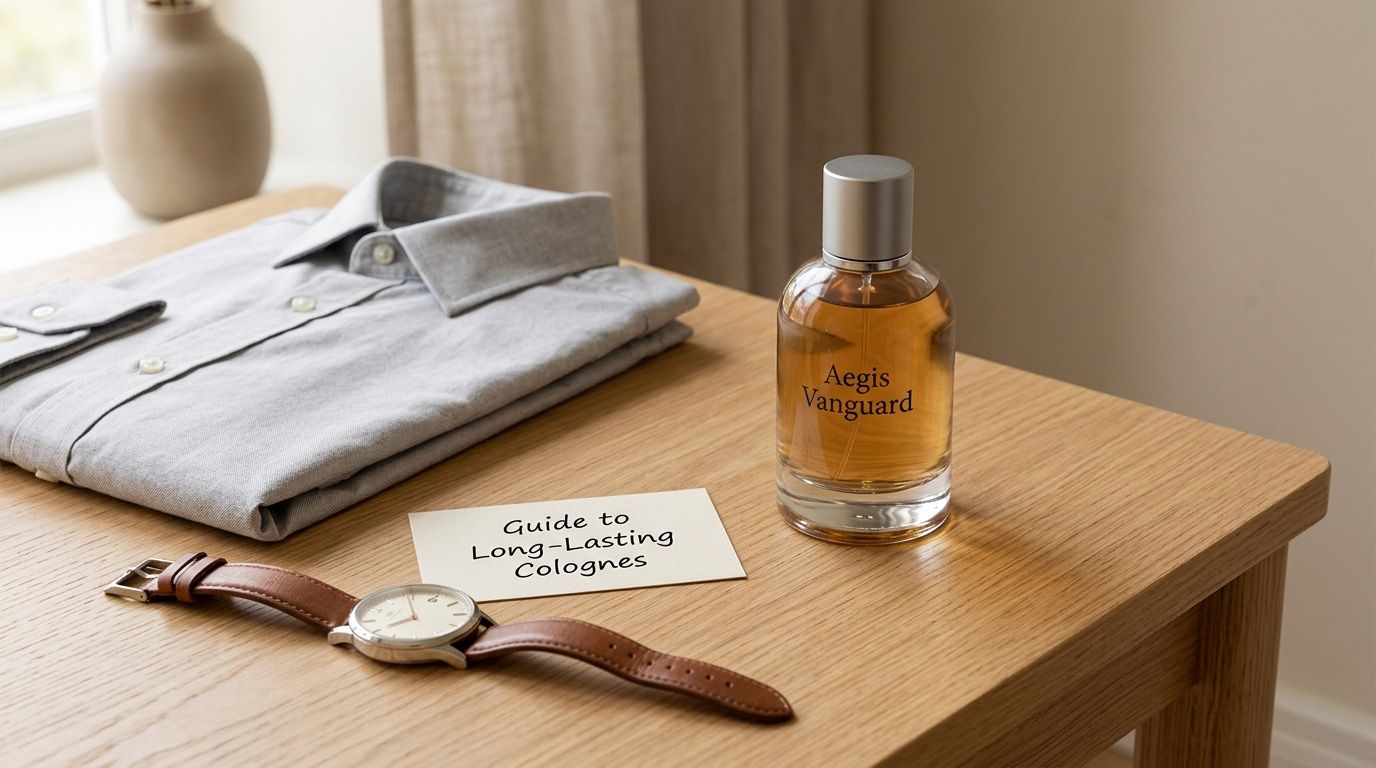 A neatly folded gray shirt, a bottle of Aegis Vanguard cologne, a watch, and a note card on a wooden table.
