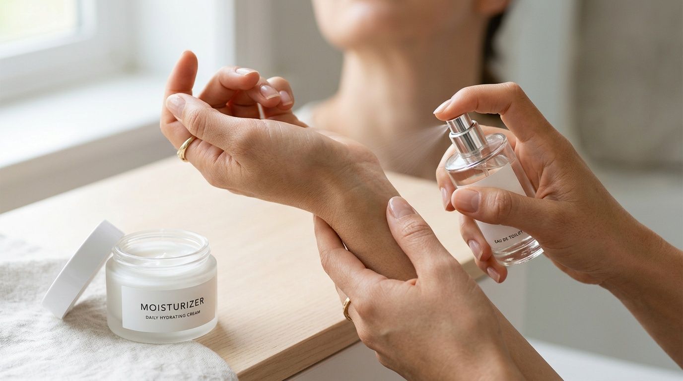 A person sprays perfume onto their wrist, with a jar of daily hydrating cream nearby on a table.