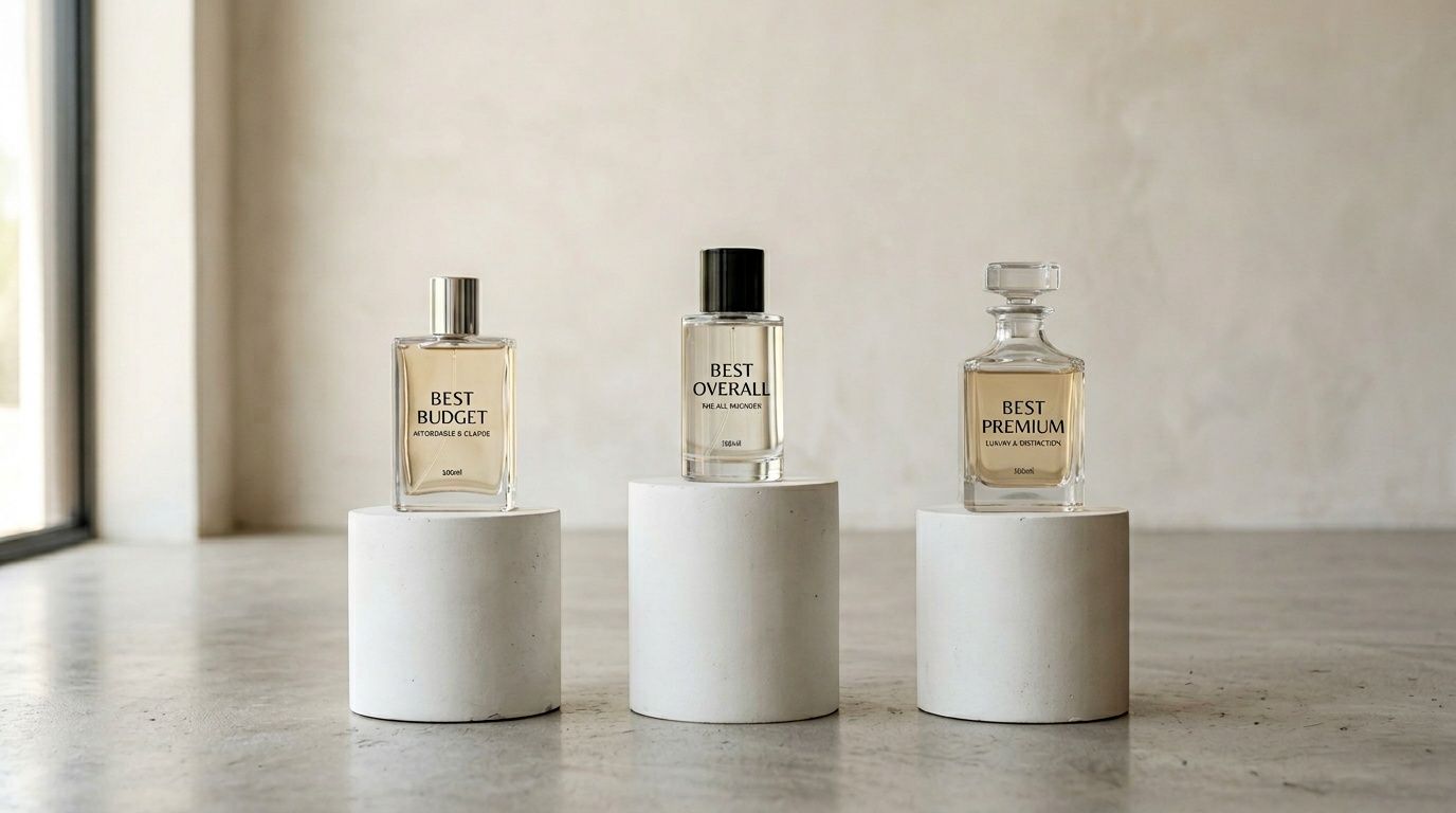 Three fragrance bottles labeled 'Best Budget', 'Best Overall', and 'Best Premium' on white stands.