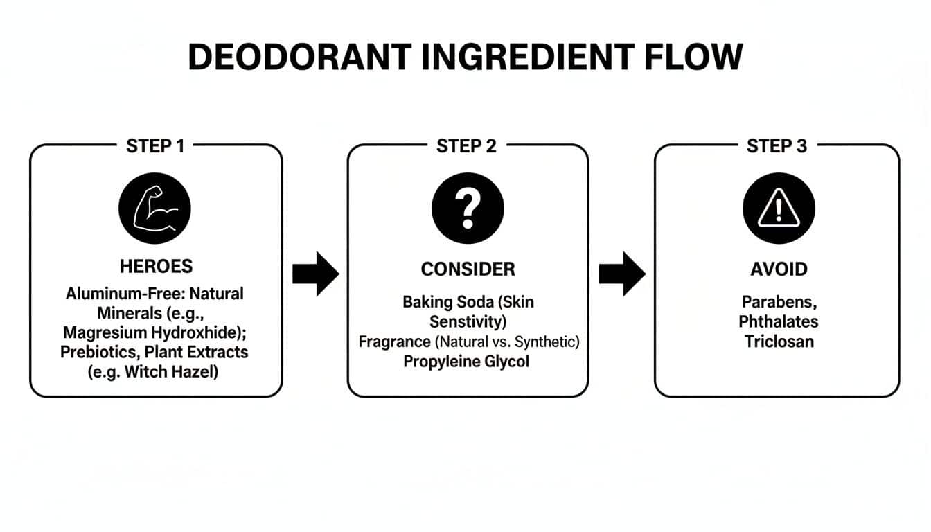 Flowchart illustrating deodorant ingredient categories: Heroes, Consider, and Avoid for making informed choices.