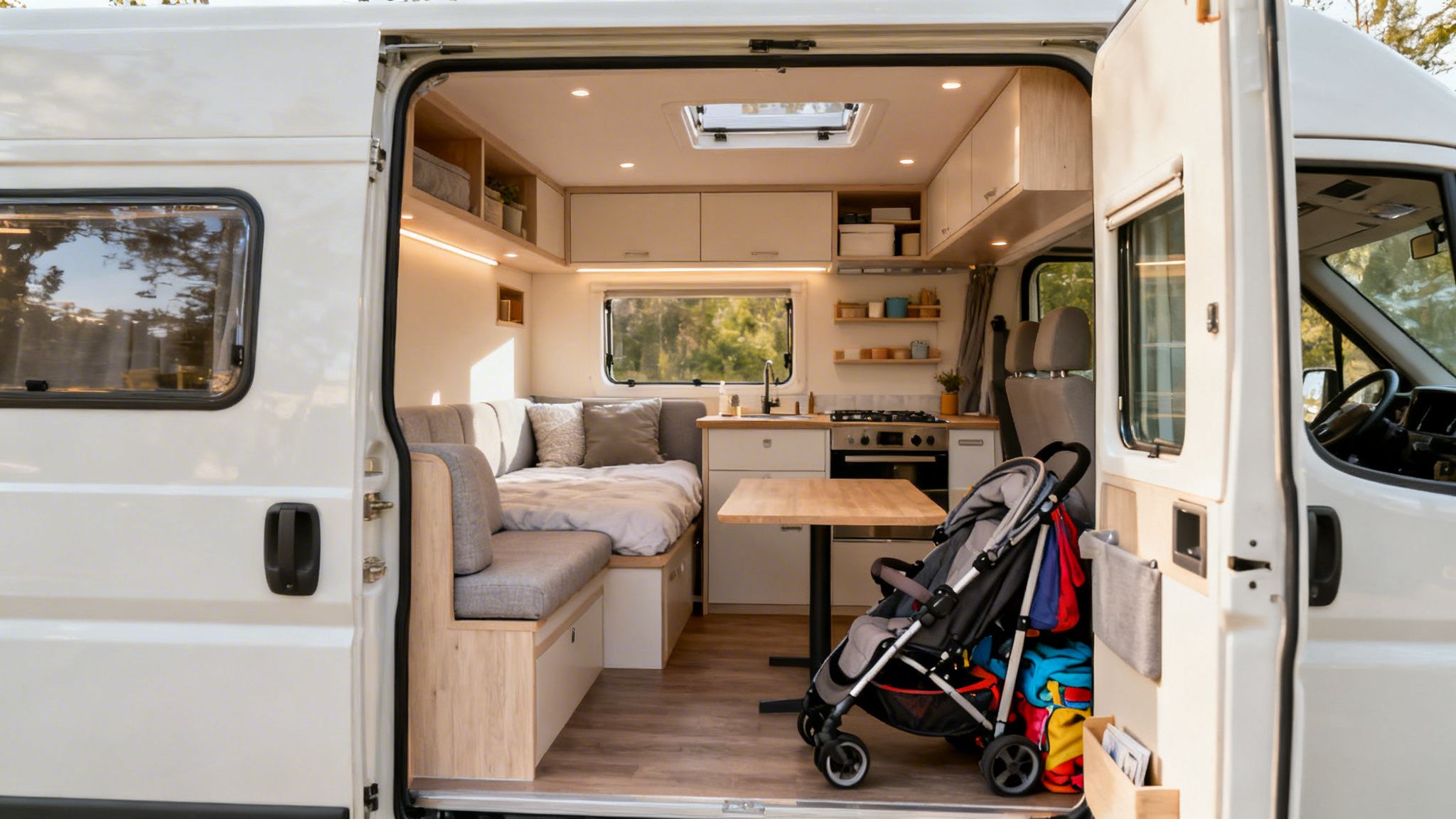 Cozy interior of a white camper van with a bed, kitchen, table, and a baby stroller.