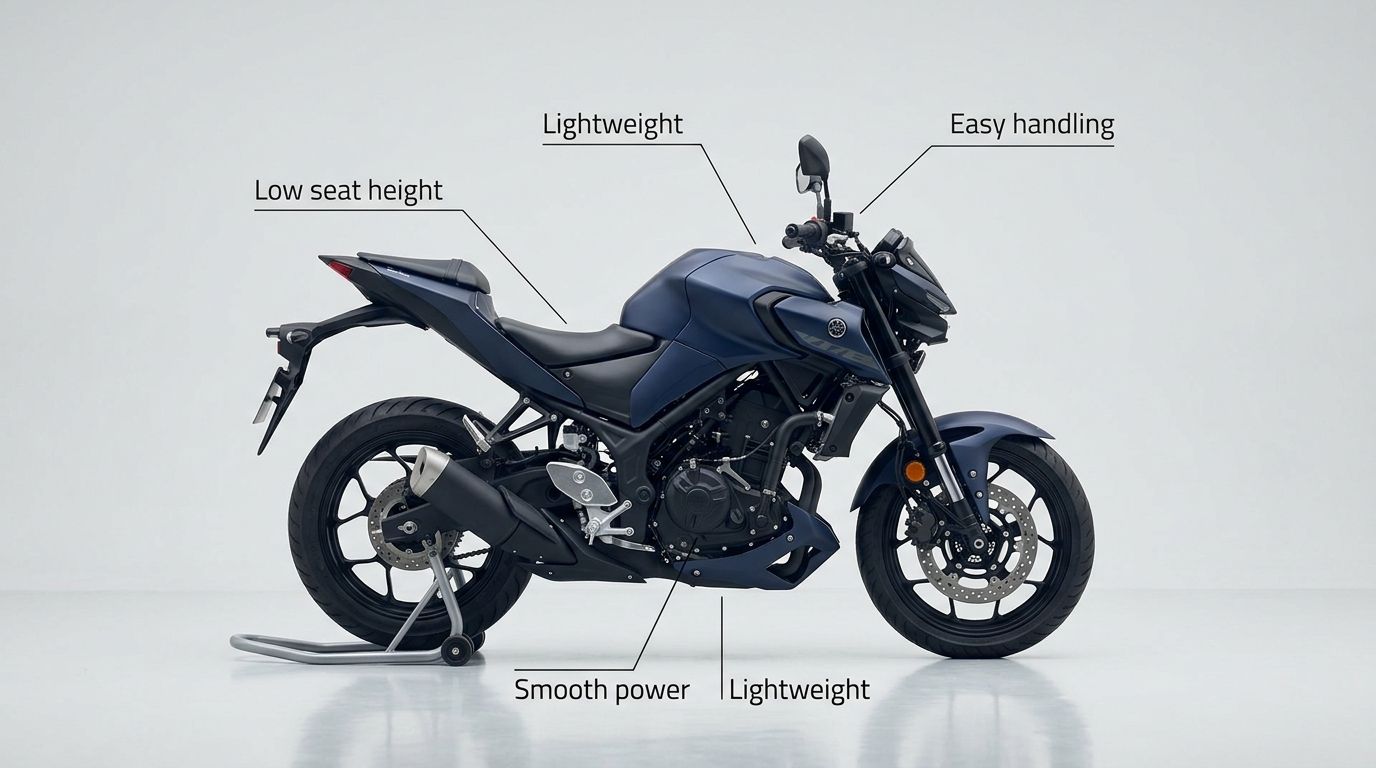 Dark blue Yamaha MT-03 motorcycle highlighting features like low seat height, lightweight design, smooth power, and easy handling.