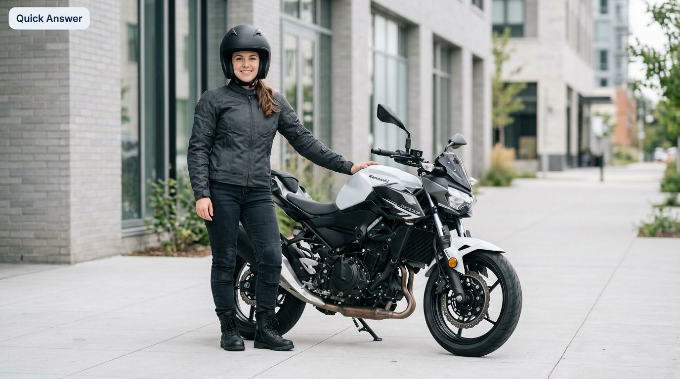 Smiling woman in full motorcycle gear stands next to a white and black Kawasaki motorcycle.