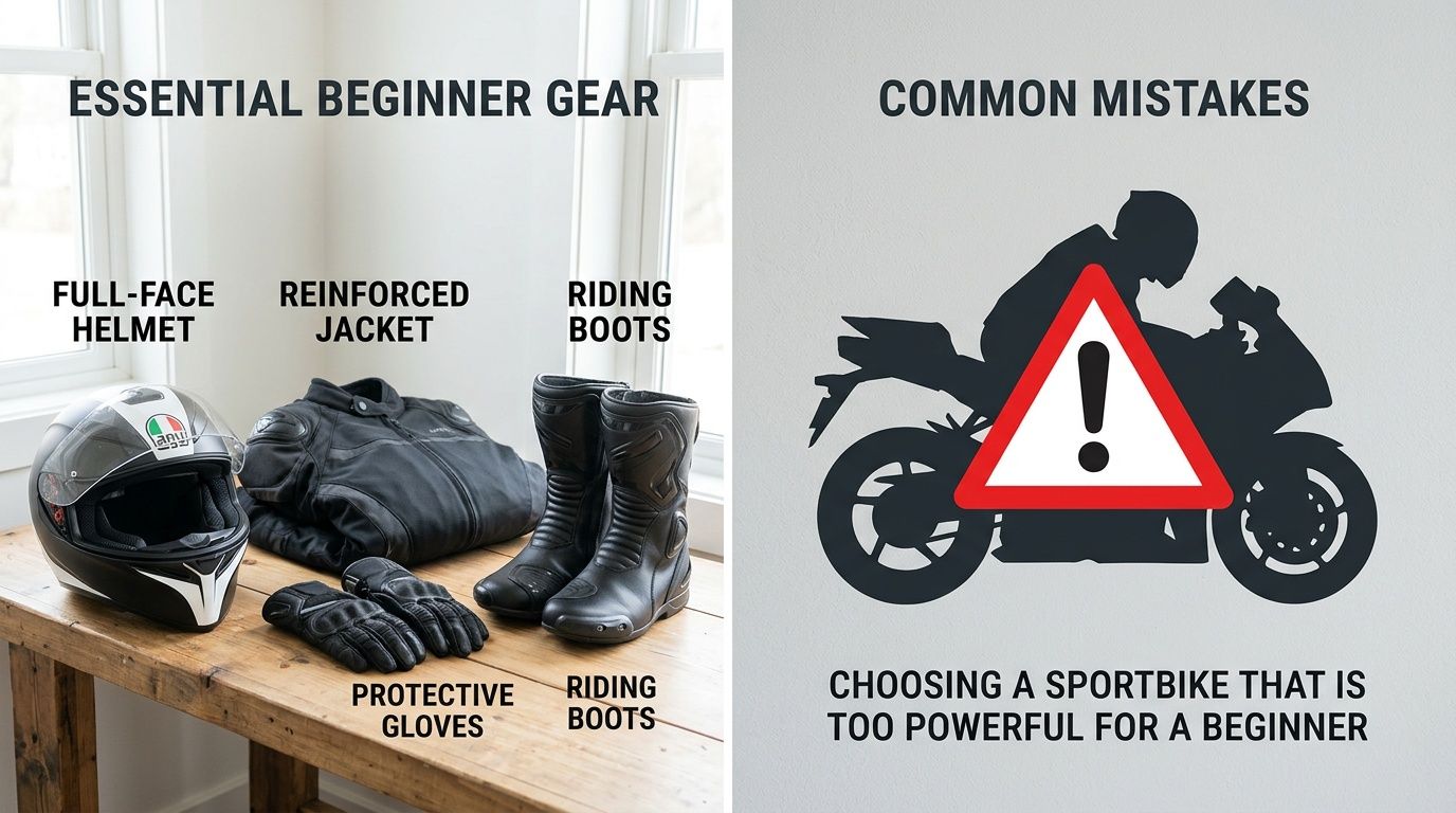 Essential beginner motorcycle gear including a helmet, jacket, gloves, and boots, and a warning about powerful sportbikes.