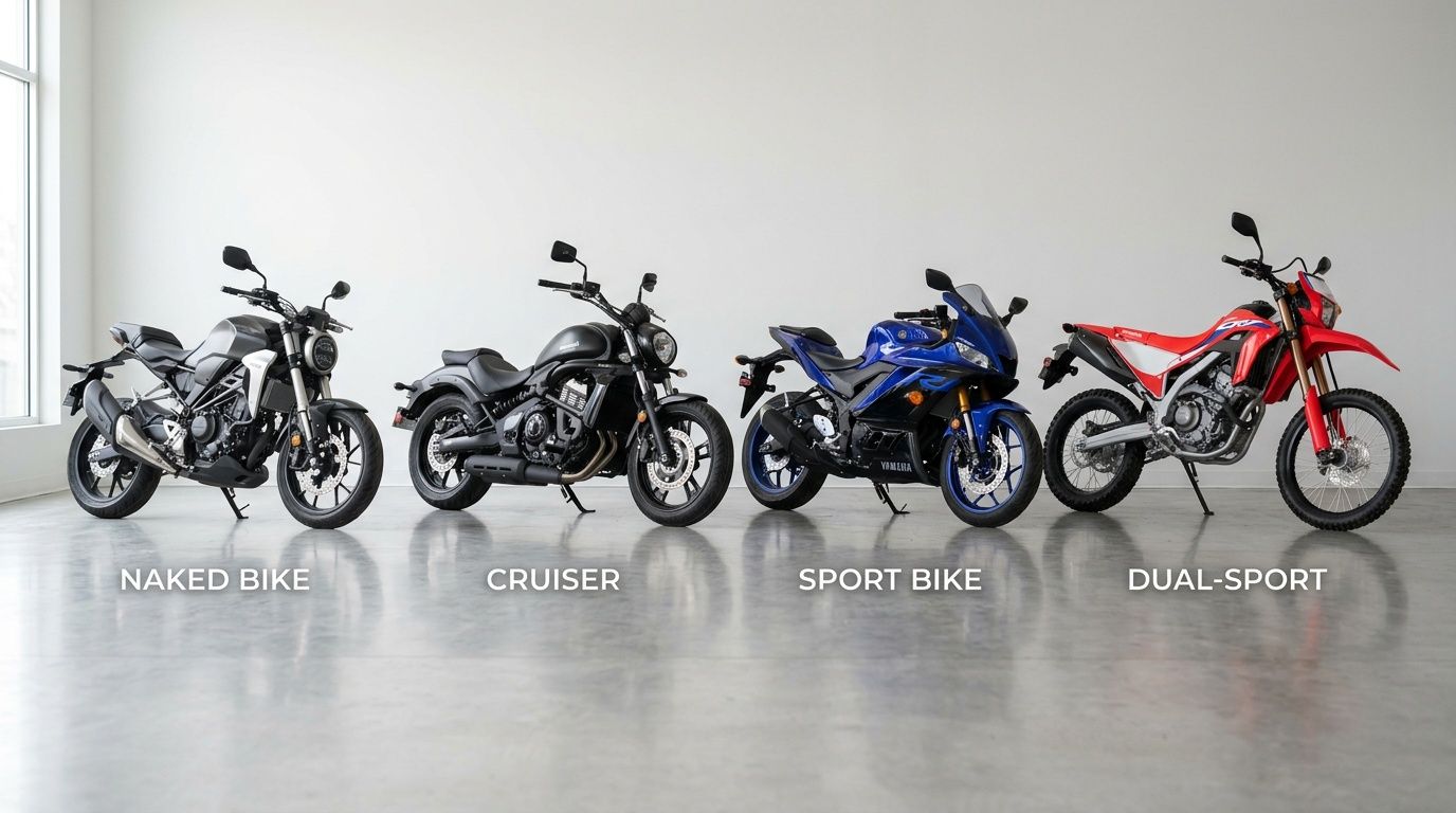 Four distinct motorcycles, including naked, cruiser, sport, and dual-sport types, displayed indoors.