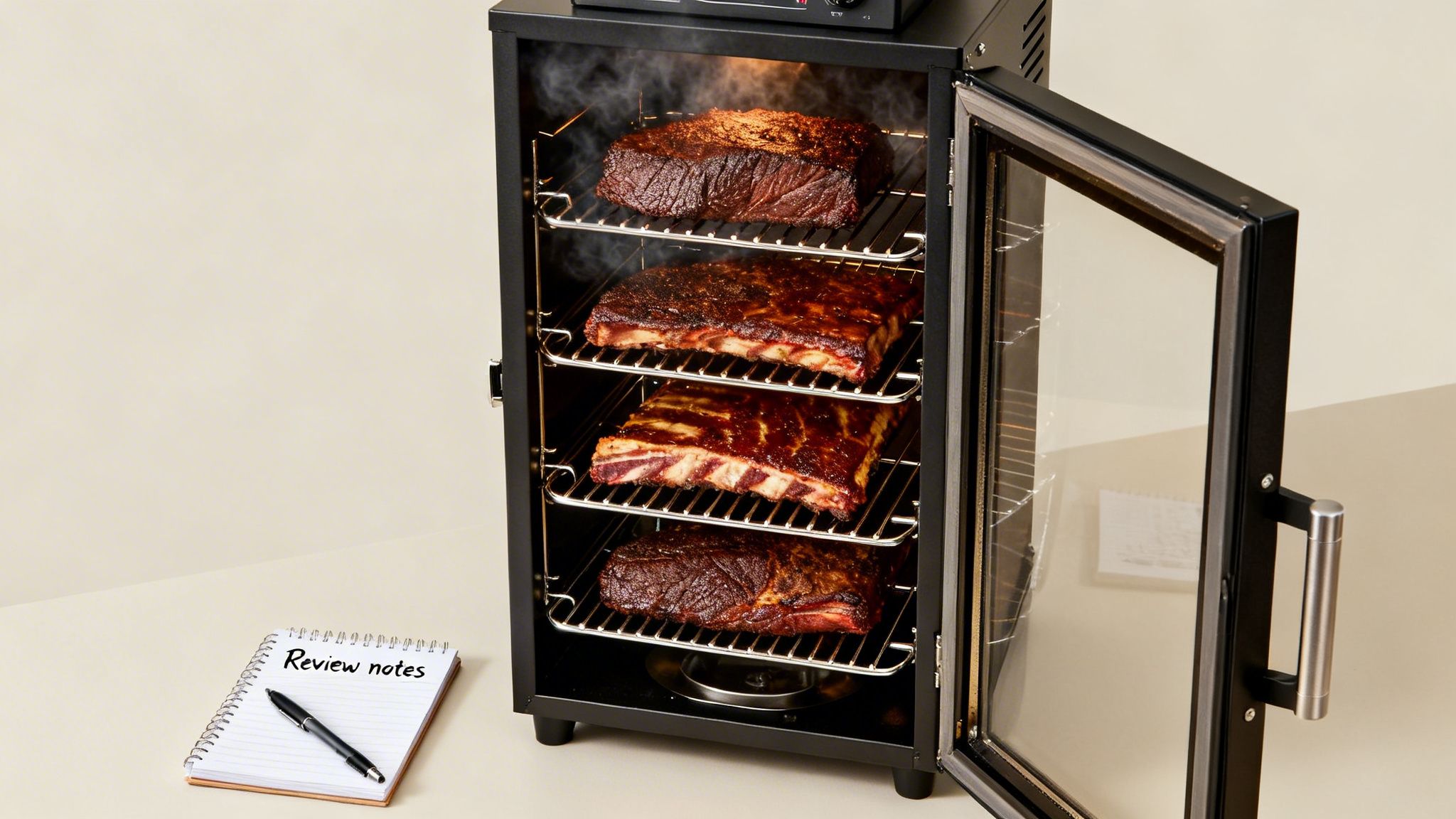 A black vertical electric smoker with its door open, revealing smoked brisket and ribs on four racks, with review notes nearby.