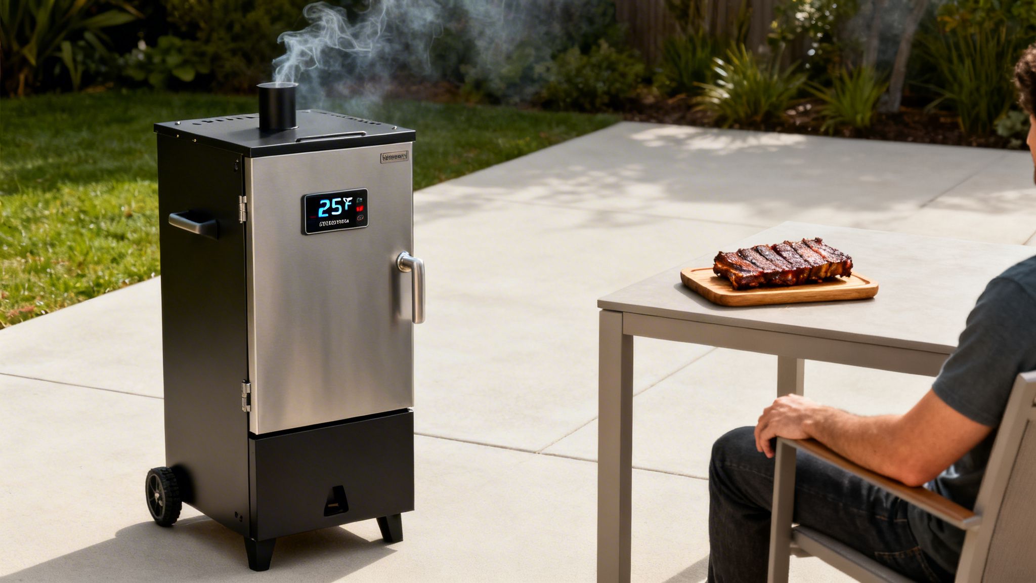 A vertical pellet smoker emits smoke on a patio, with cooked ribs on a table next to a seated person.