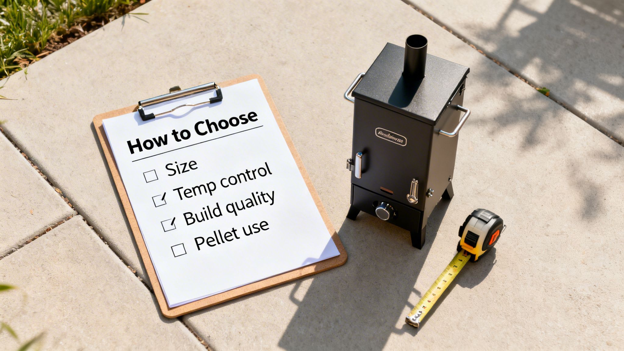 A checklist for choosing a vertical pellet smoker, with 'Temp control' and 'Build quality' checked.