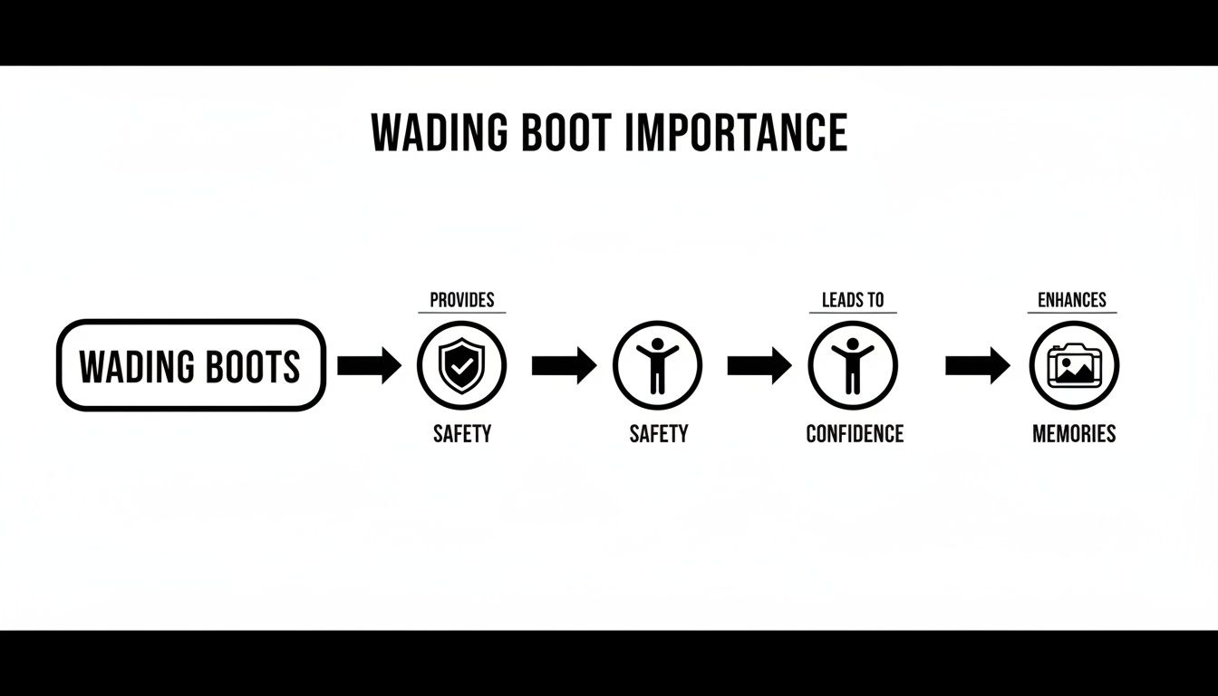 Flowchart illustrating the importance of wading boots, showing how they provide safety, lead to confidence, and enhance memories.
