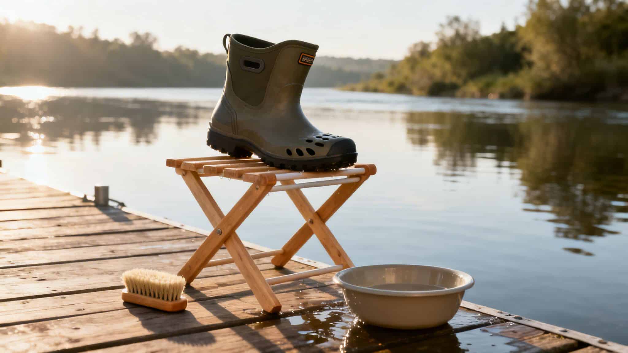 Green wading boot on a wooden stool on a dock by a river, with a brush and bowl.