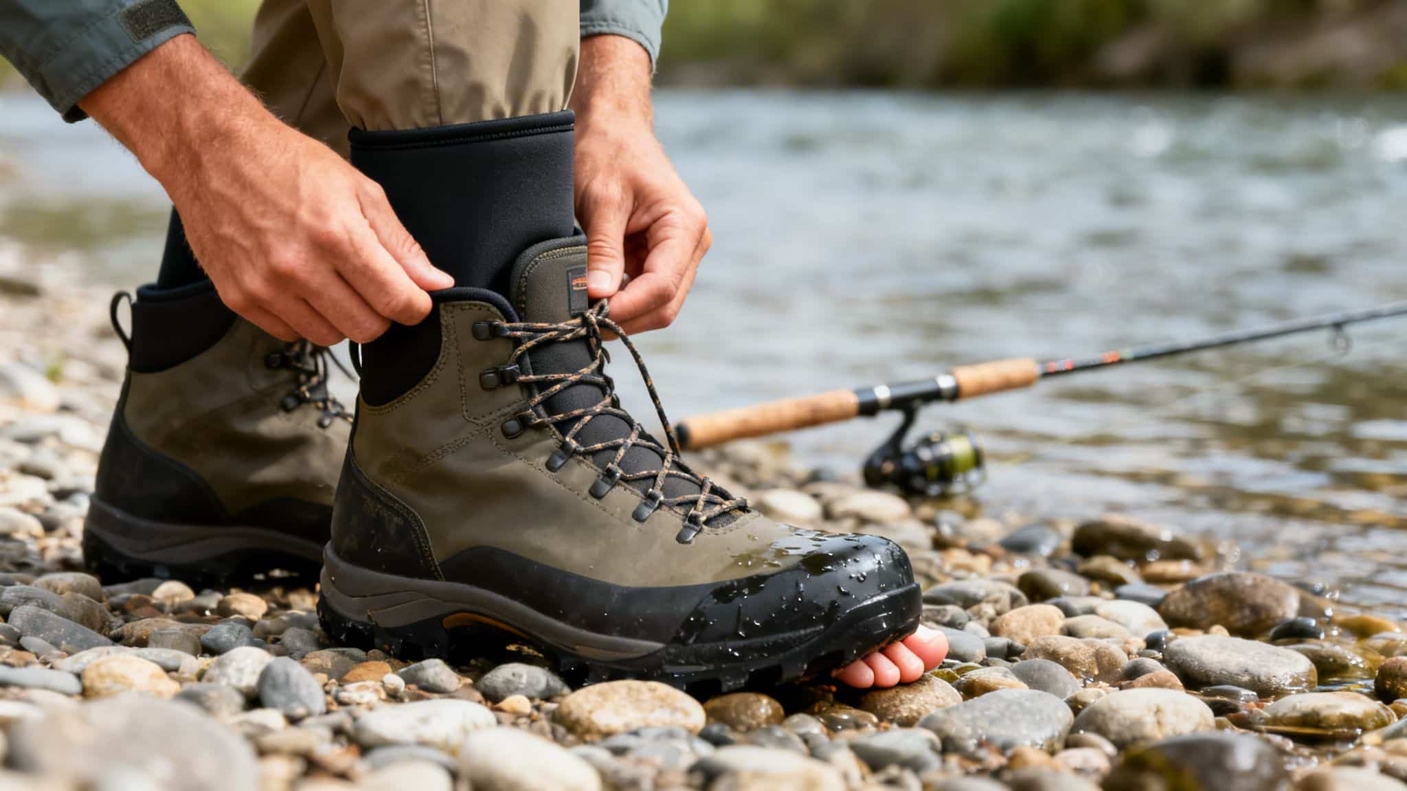 Person tying olive green wading boots on a rocky riverbank with a fishing rod nearby.