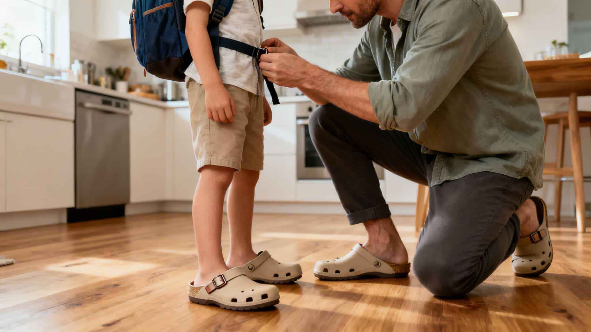 Father assists son with backpack strap in a bright kitchen, both wearing similar clogs.