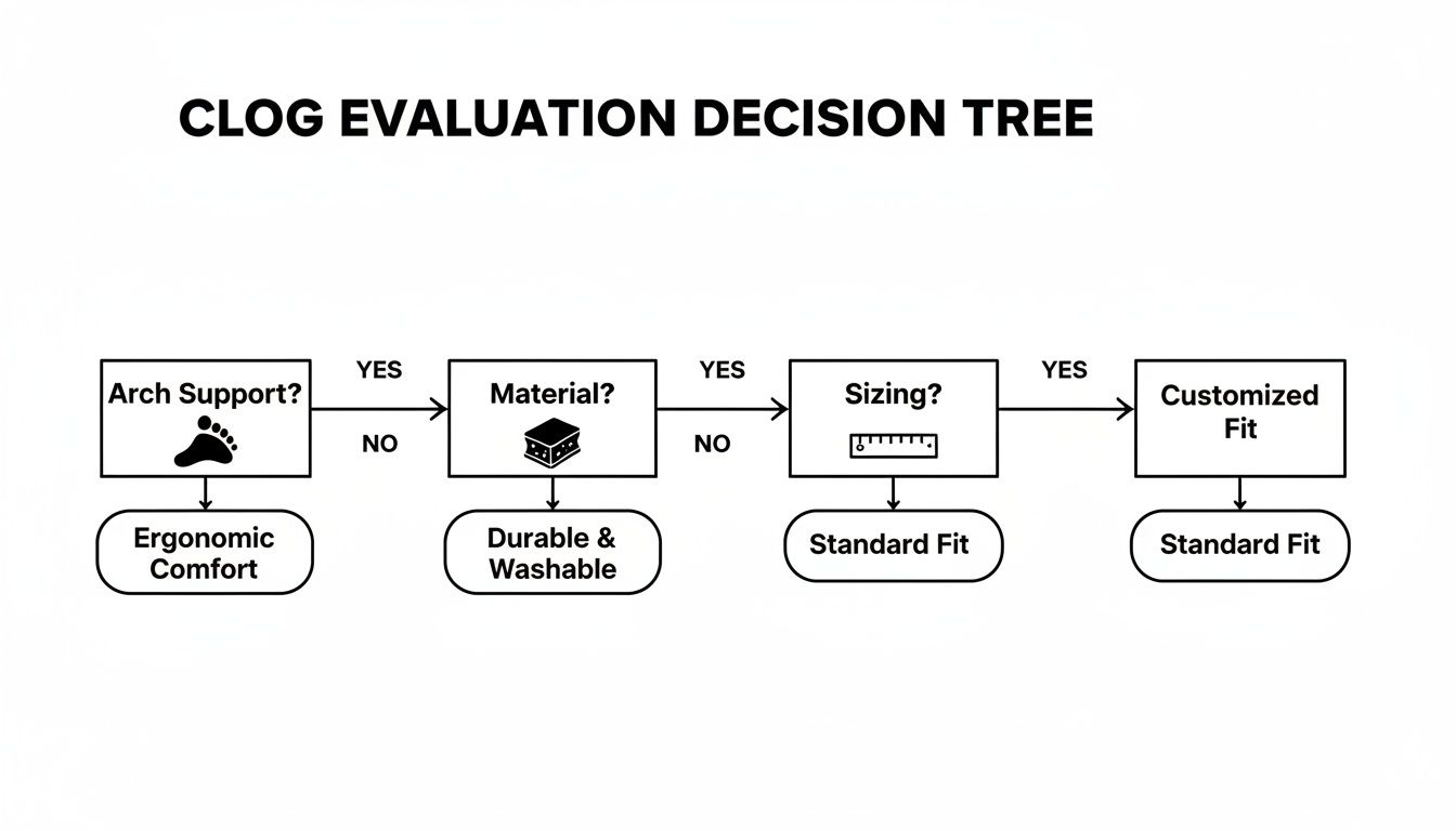 A clog evaluation decision tree flowchart with questions on arch support, material, and sizing, leading to different comfort and fit outcomes.