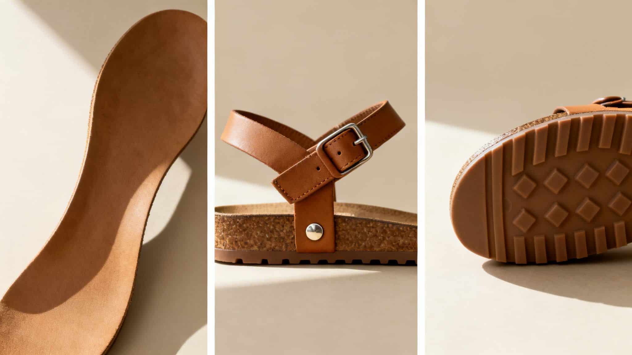 Close-up panels showing natural brown leather sandal details: soft footbed, adjustable strap, and rubber outsole.