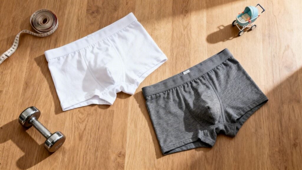 Briefs vs Boxer Briefs. Boxer briefs laid out on a wooden floor.