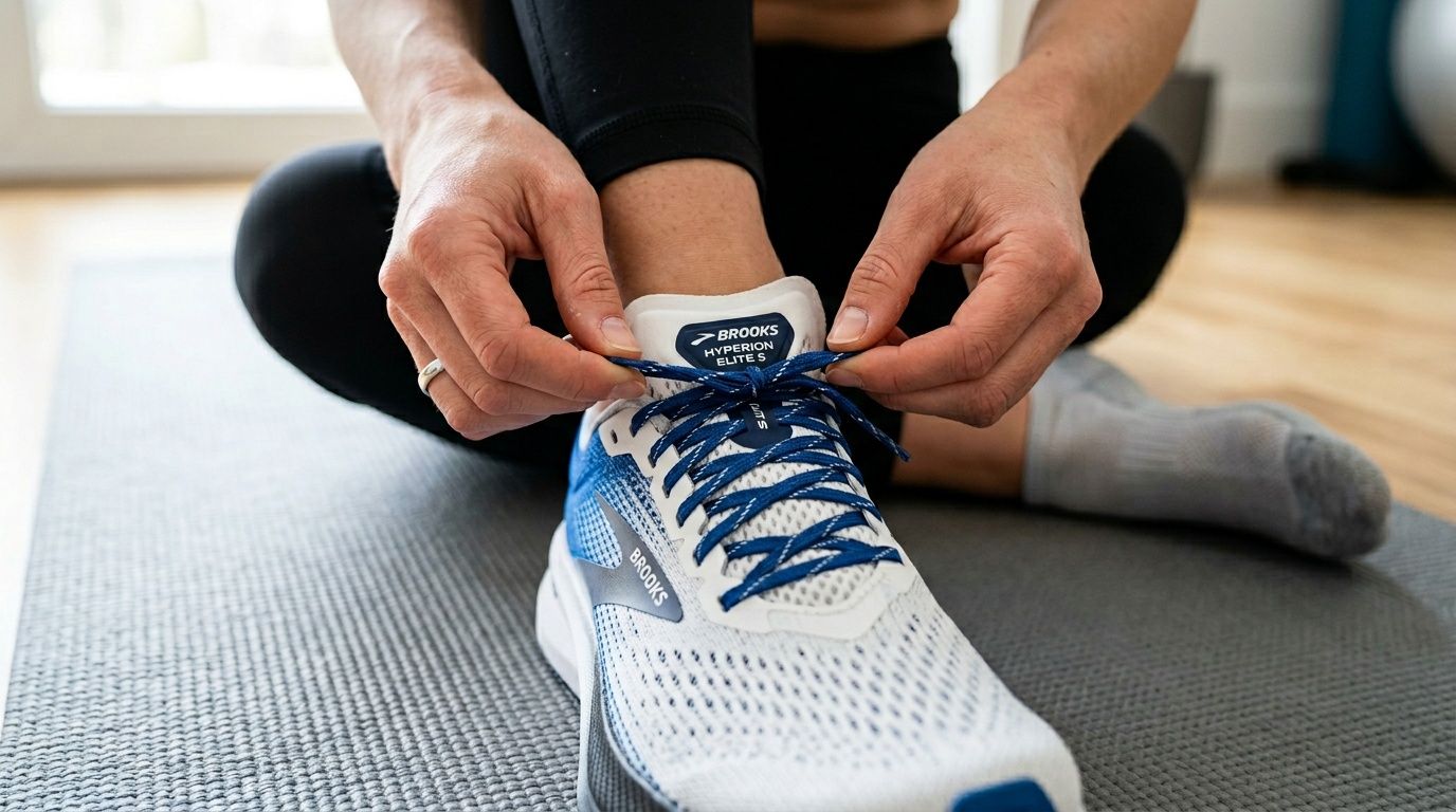 Close-up of a person tying Brooks Hyperion Elite 5 running shoe laces on a workout mat.