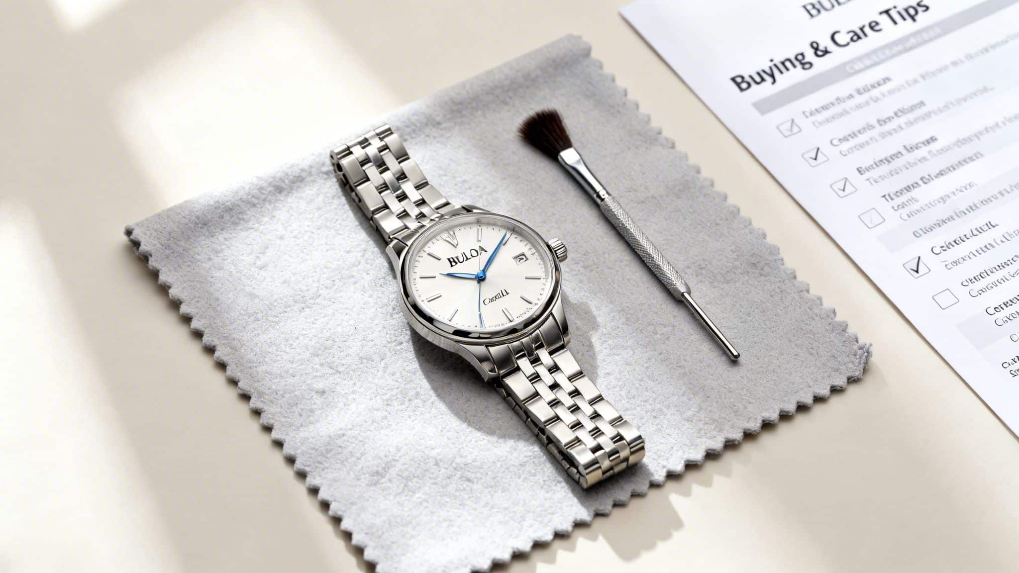 A Bulova Caravelle watch, cleaning cloth, small brush, and care tips document on a desk.