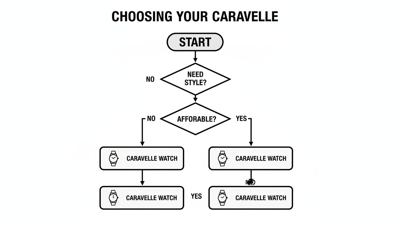 A flowchart titled 'Choosing Your Caravelle' guides watch selection based on style and affordability.