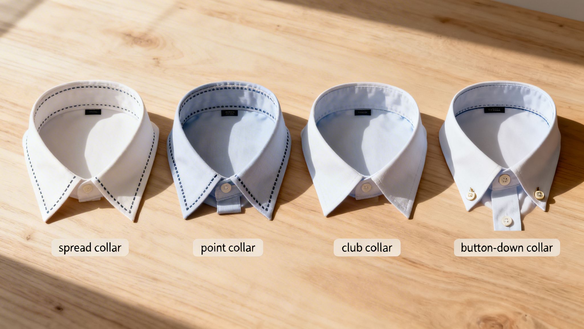 Four distinct shirt collar styles: spread, point, club, and button-down, displayed on a wooden surface.