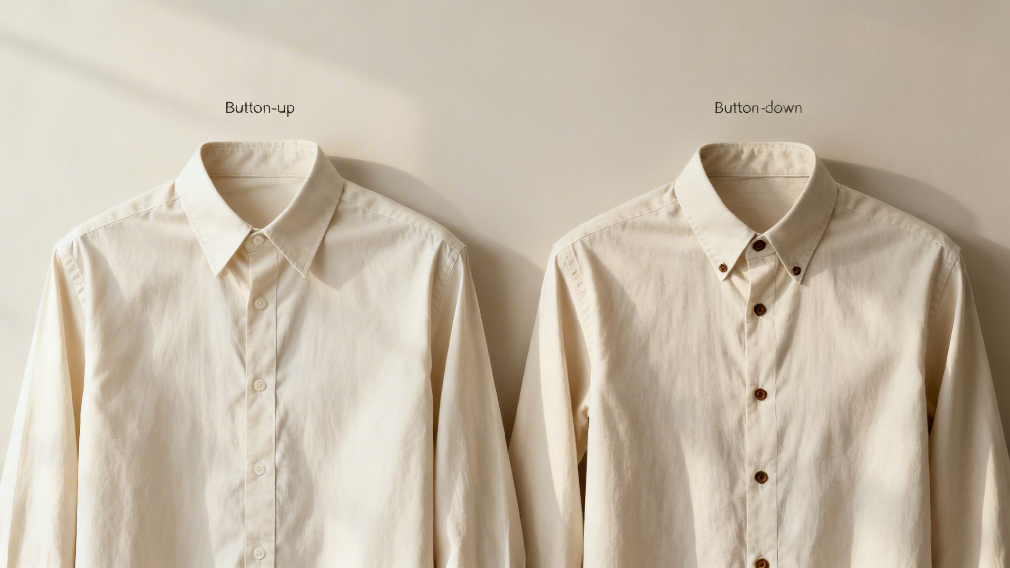 Two cream-colored shirts, one button-up and one button-down, illustrating the collar differences.