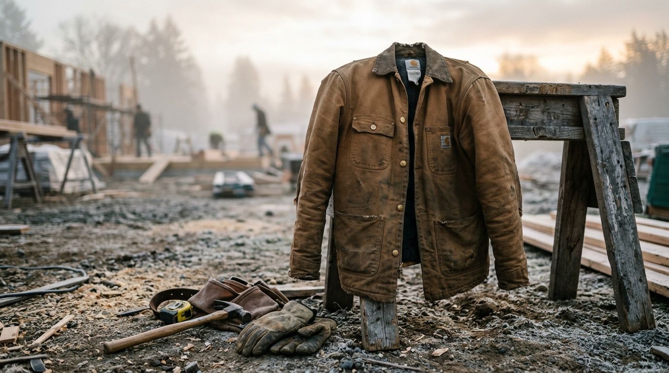 A rugged brown canvas work jacket hangs on a wooden sawhorse at a frosty construction site with tools.