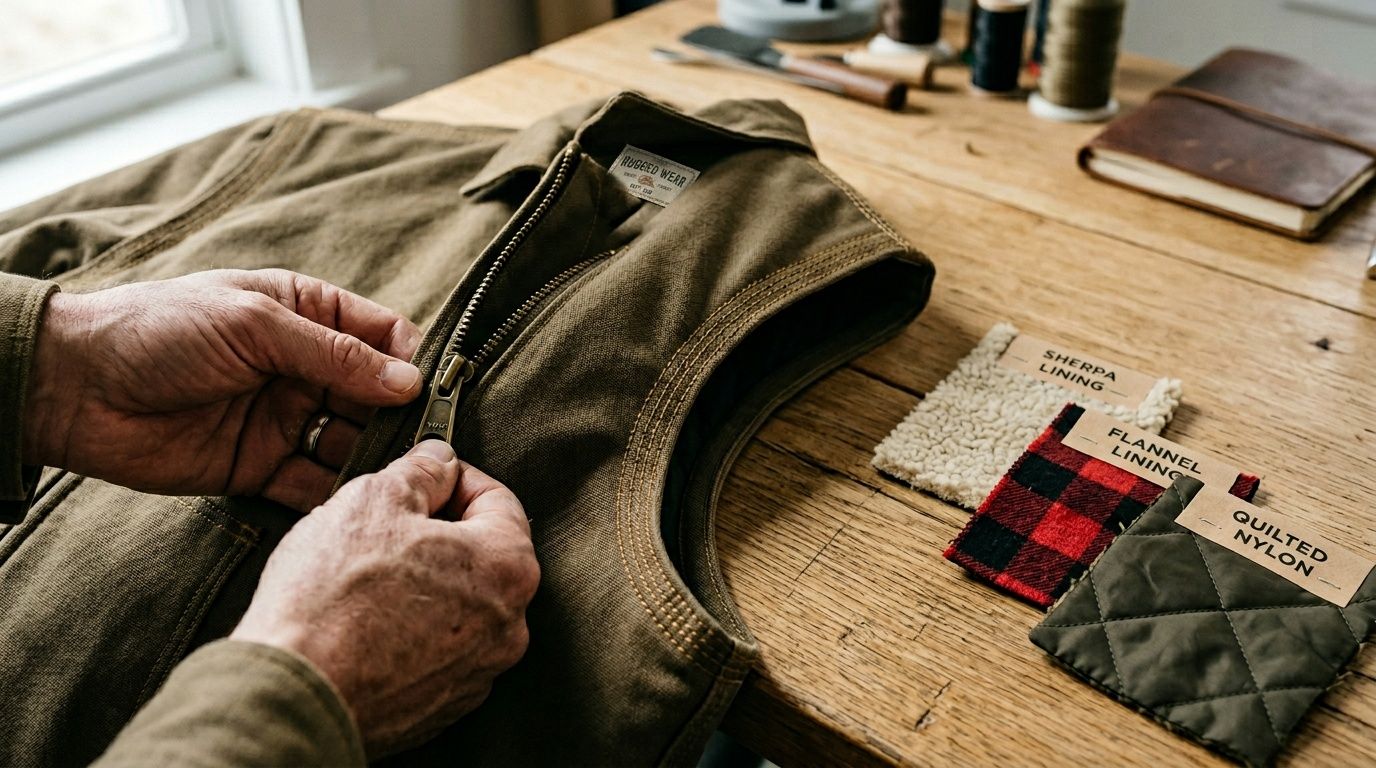 A person zips up a rugged canvas work jacket, with fabric lining samples on a wooden table.