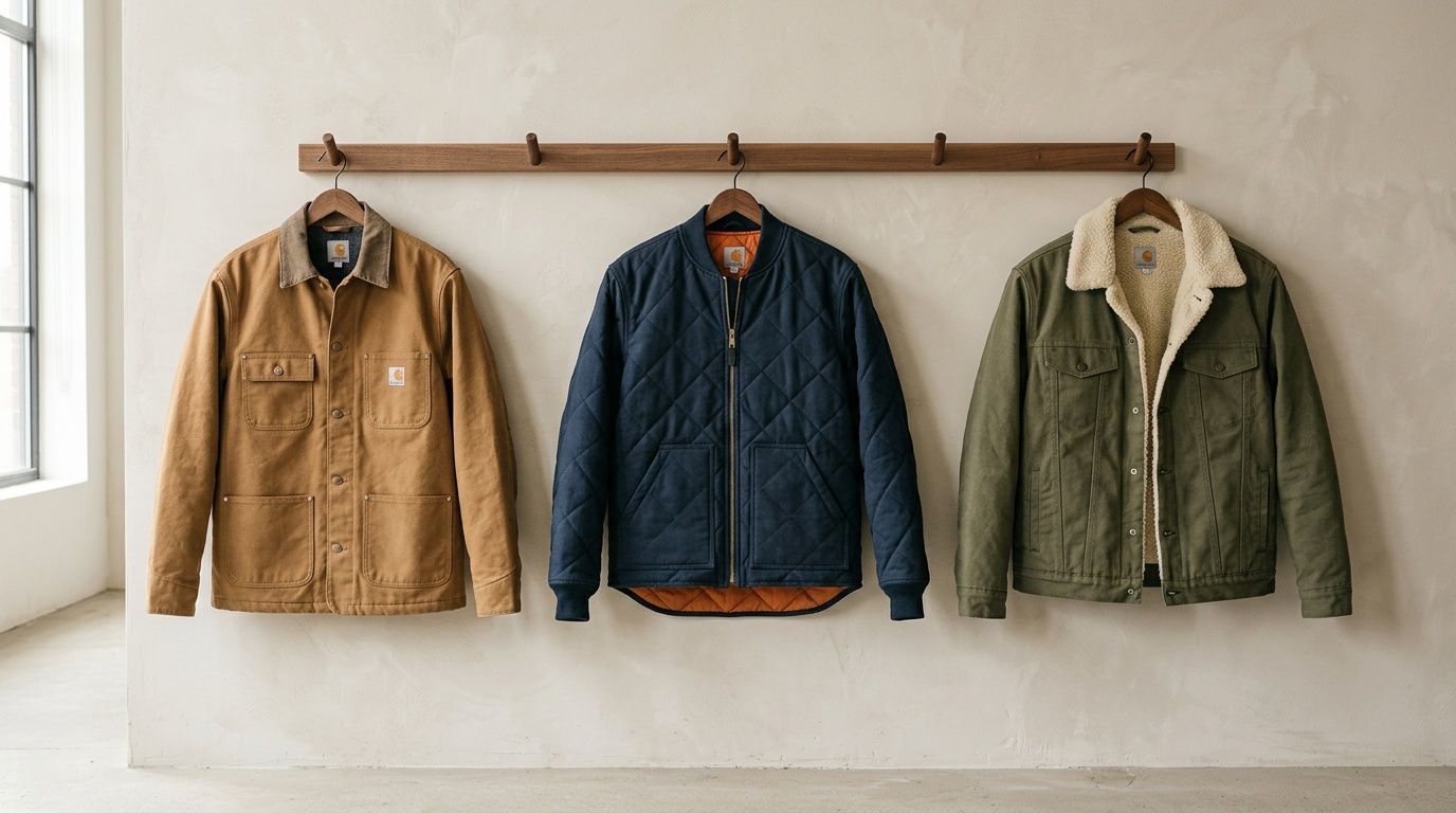 Three Carhartt men's jackets: brown canvas, blue quilted, and green sherpa-lined, hanging on a wall.